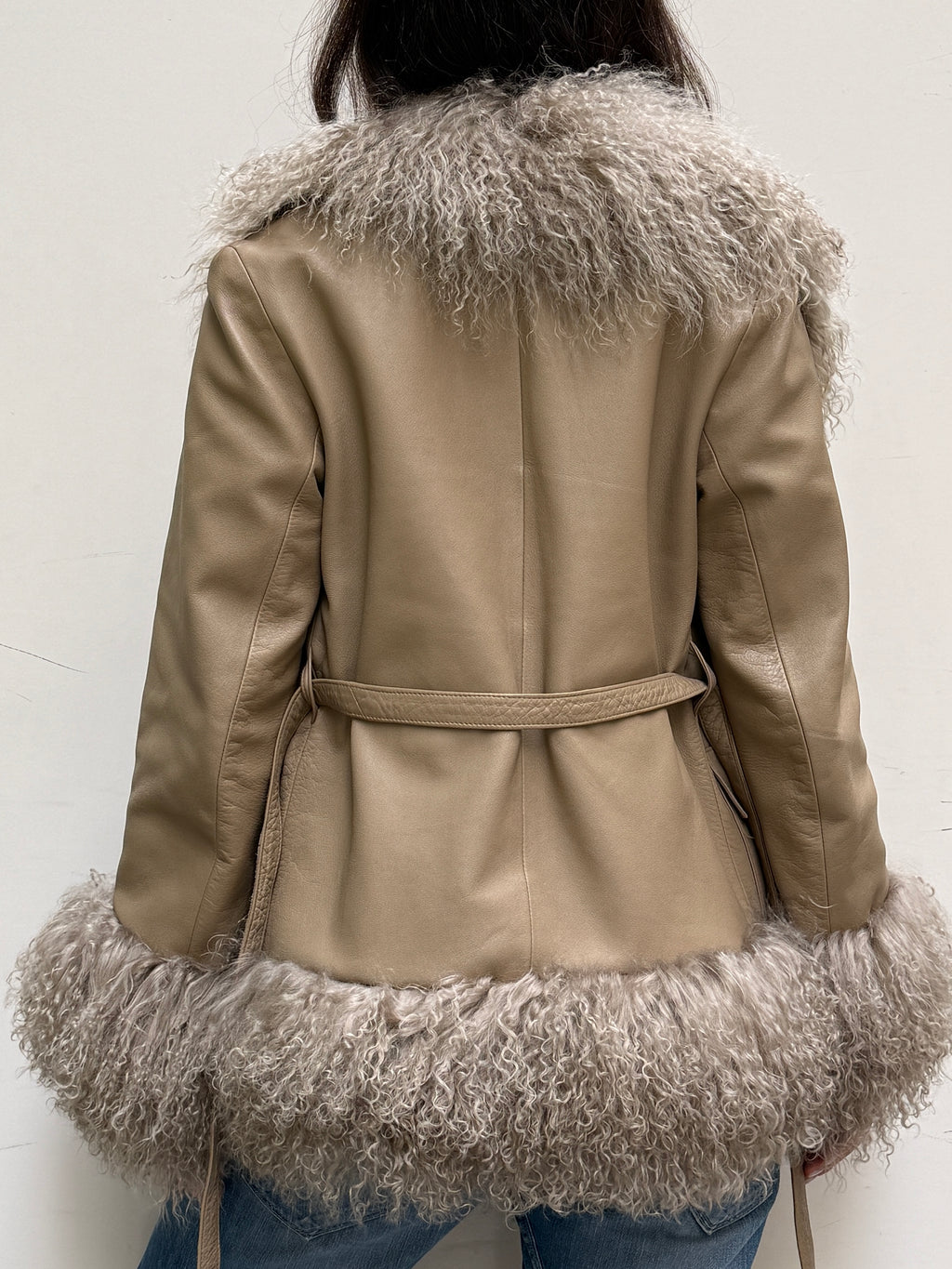 Taupe Real Leather & Lamb Trim Afghan Coat S/M