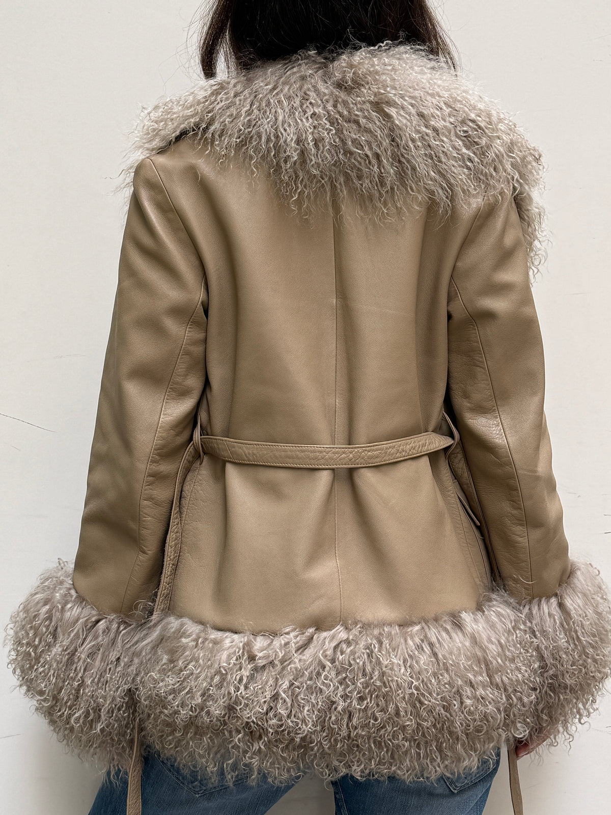 Taupe Real Leather & Lamb Trim Afghan Coat S/M