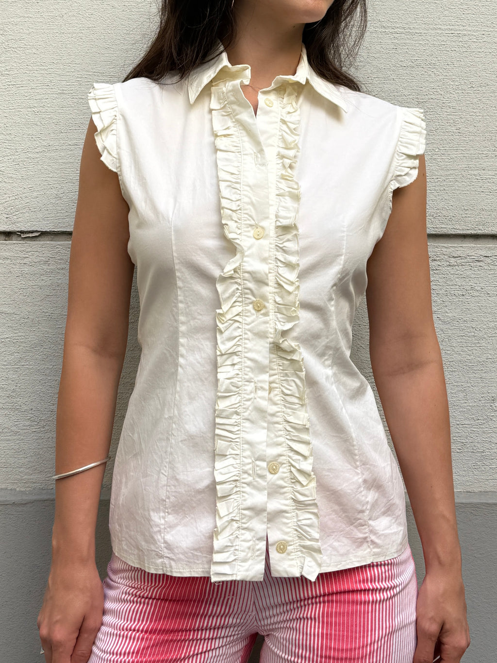 Vintage 100% Cotton Ruffle Front Top S/M