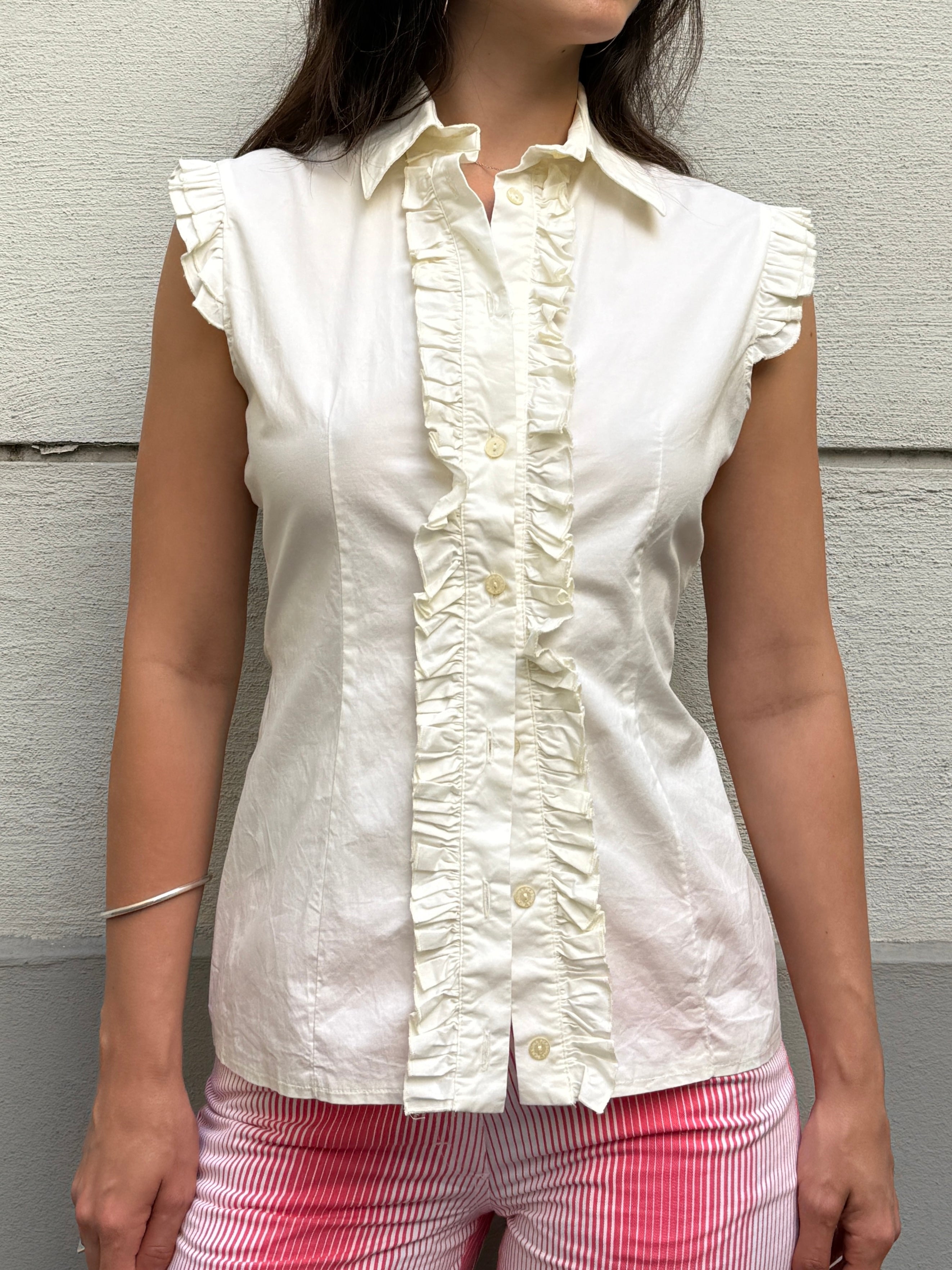 Vintage 100% Cotton Ruffle Front Top S/M