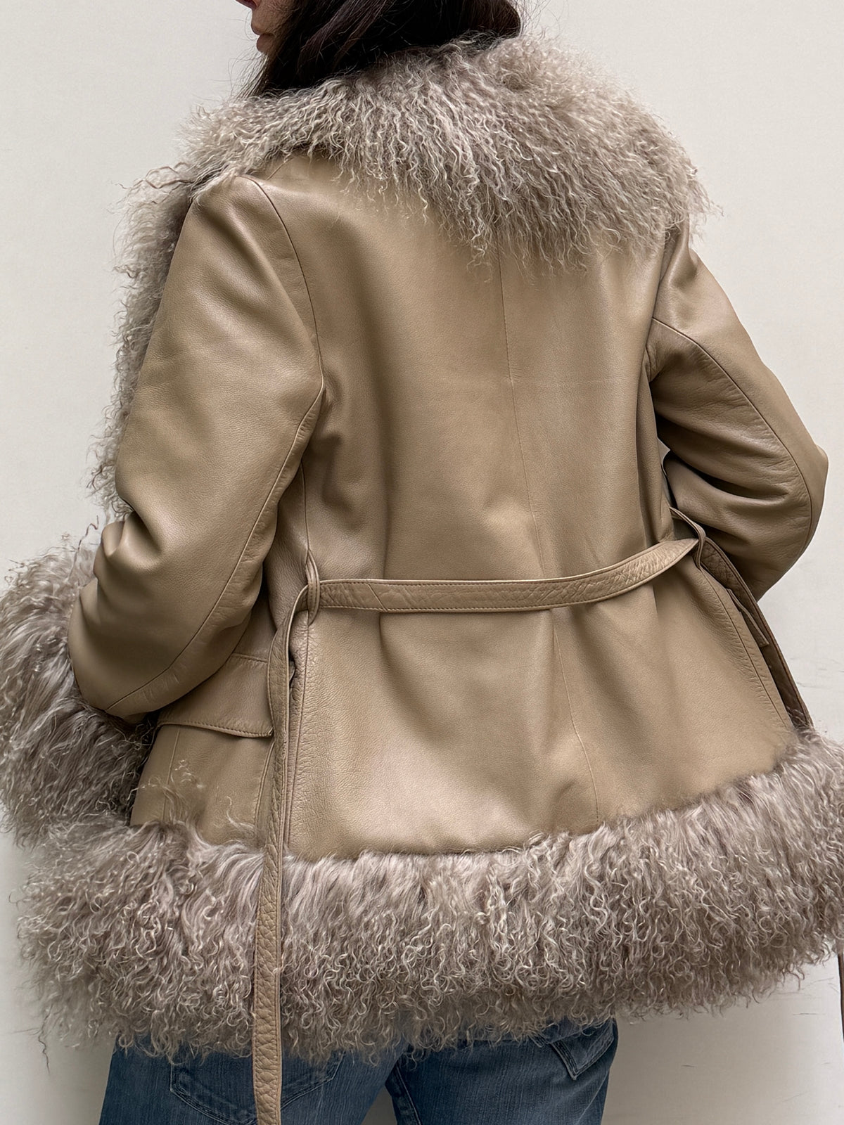 Taupe Real Leather & Lamb Trim Afghan Coat S/M