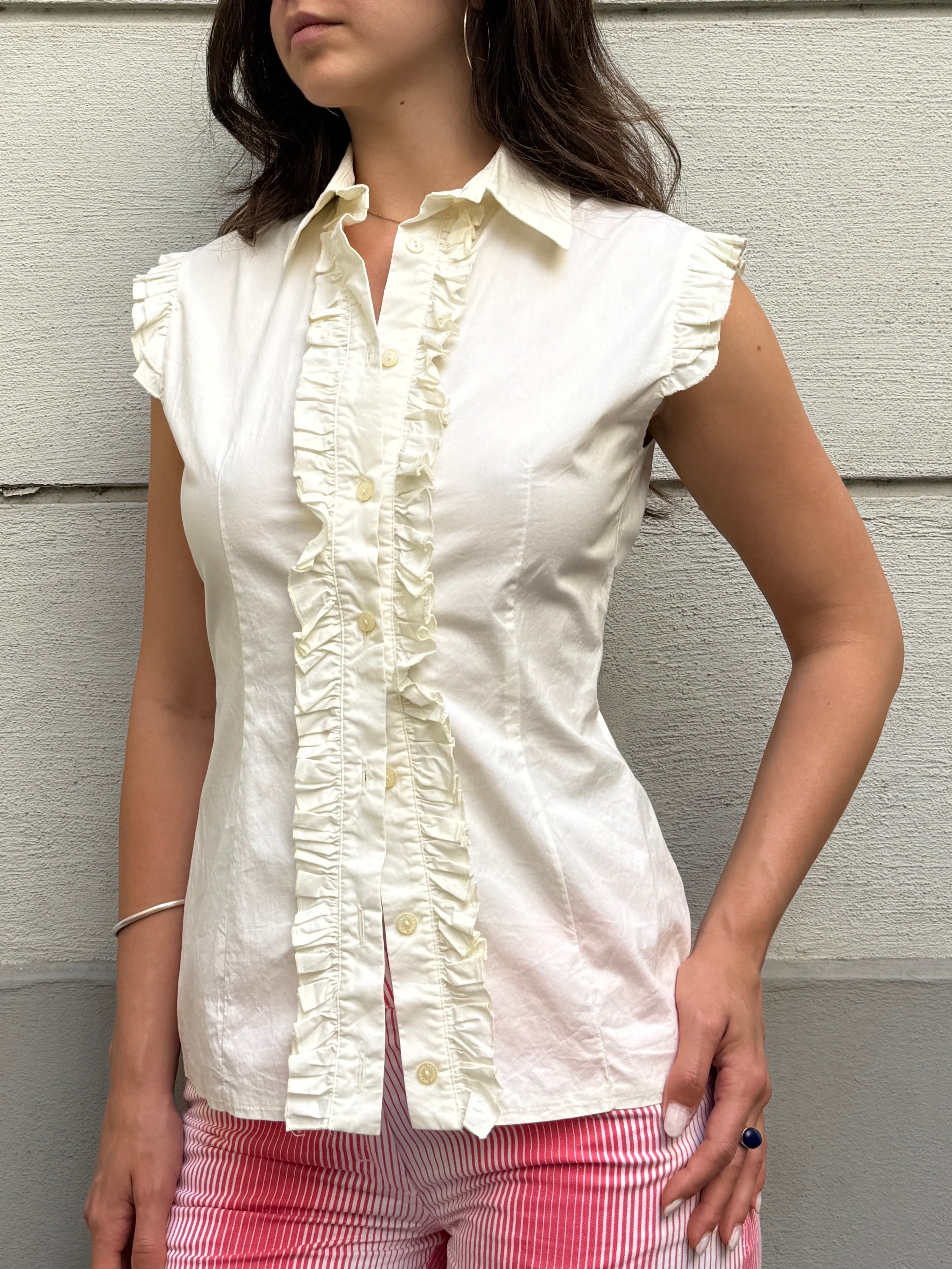Vintage 100% Cotton Ruffle Front Top S/M