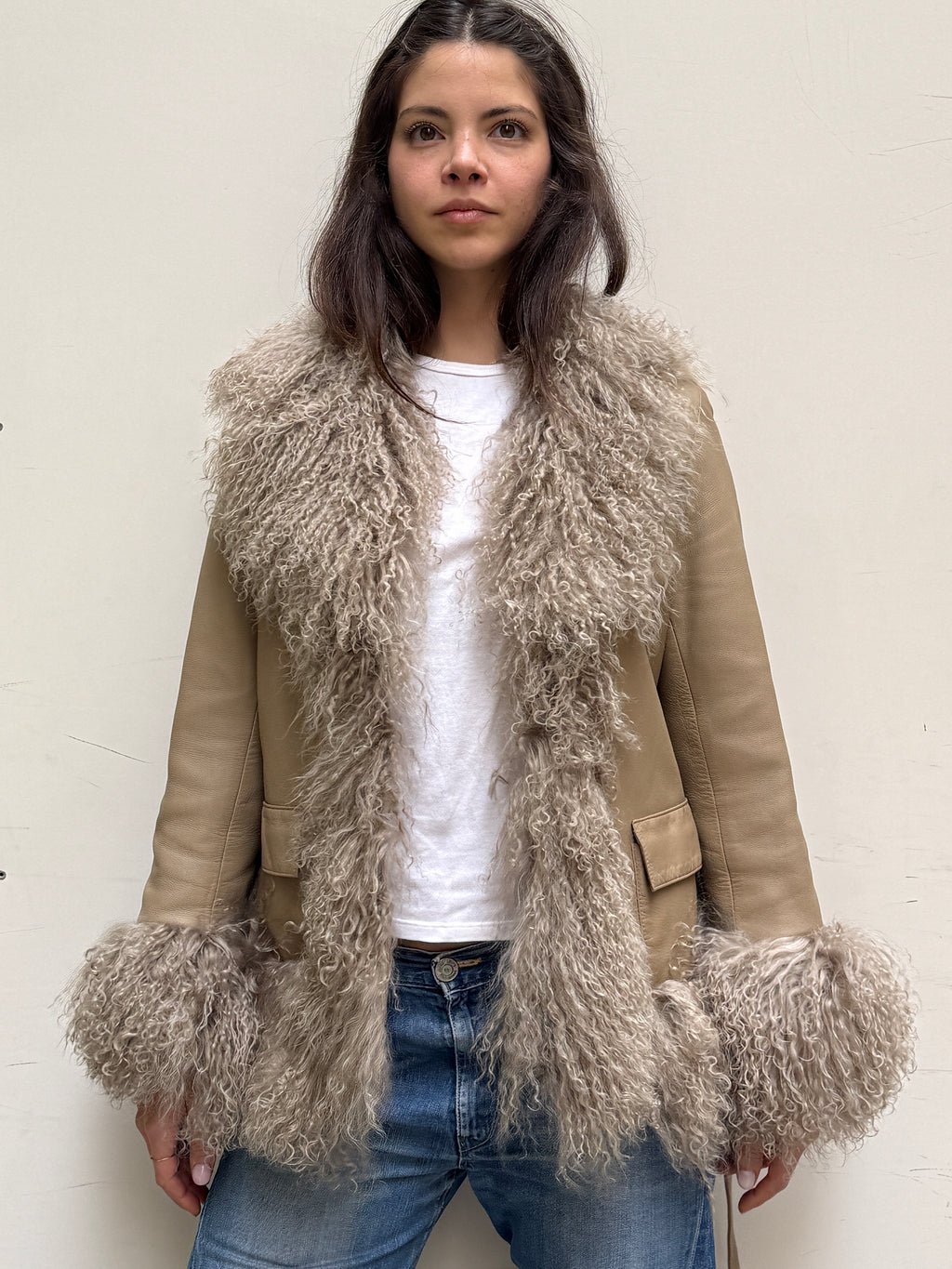 Taupe Real Leather & Lamb Trim Afghan Coat S/M