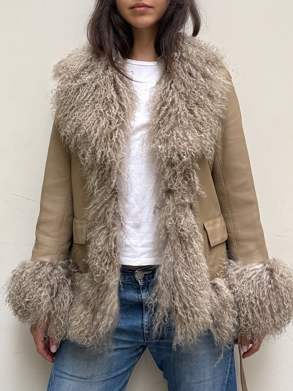 Taupe Real Leather & Lamb Trim Afghan Coat S/M