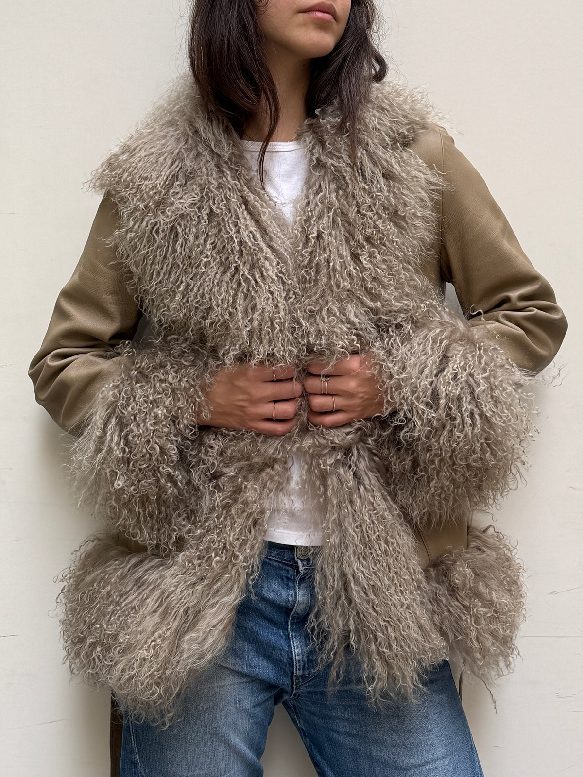 Taupe Real Leather & Lamb Trim Afghan Coat S/M