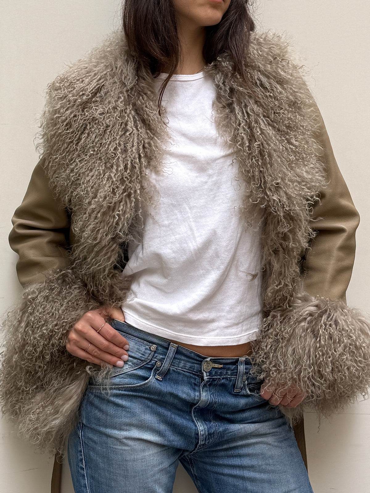 Taupe Real Leather & Lamb Trim Afghan Coat S/M