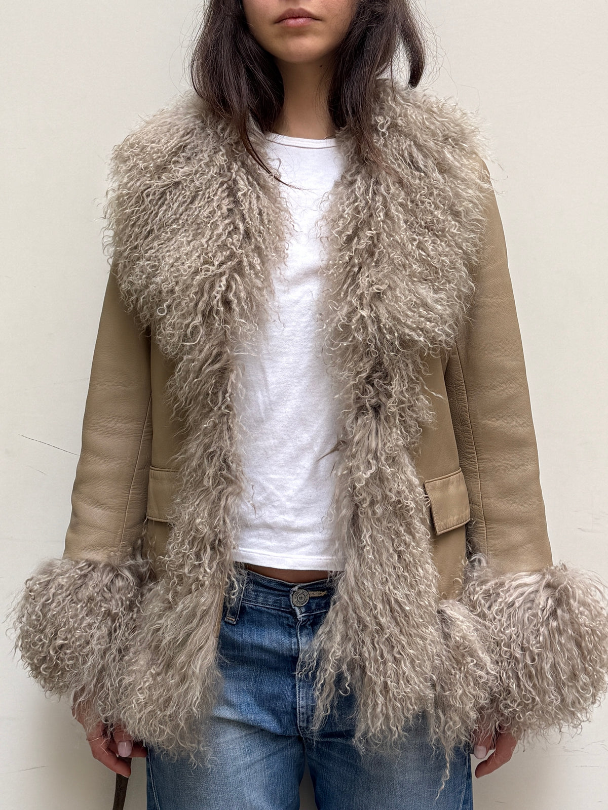 Taupe Real Leather & Lamb Trim Afghan Coat S/M