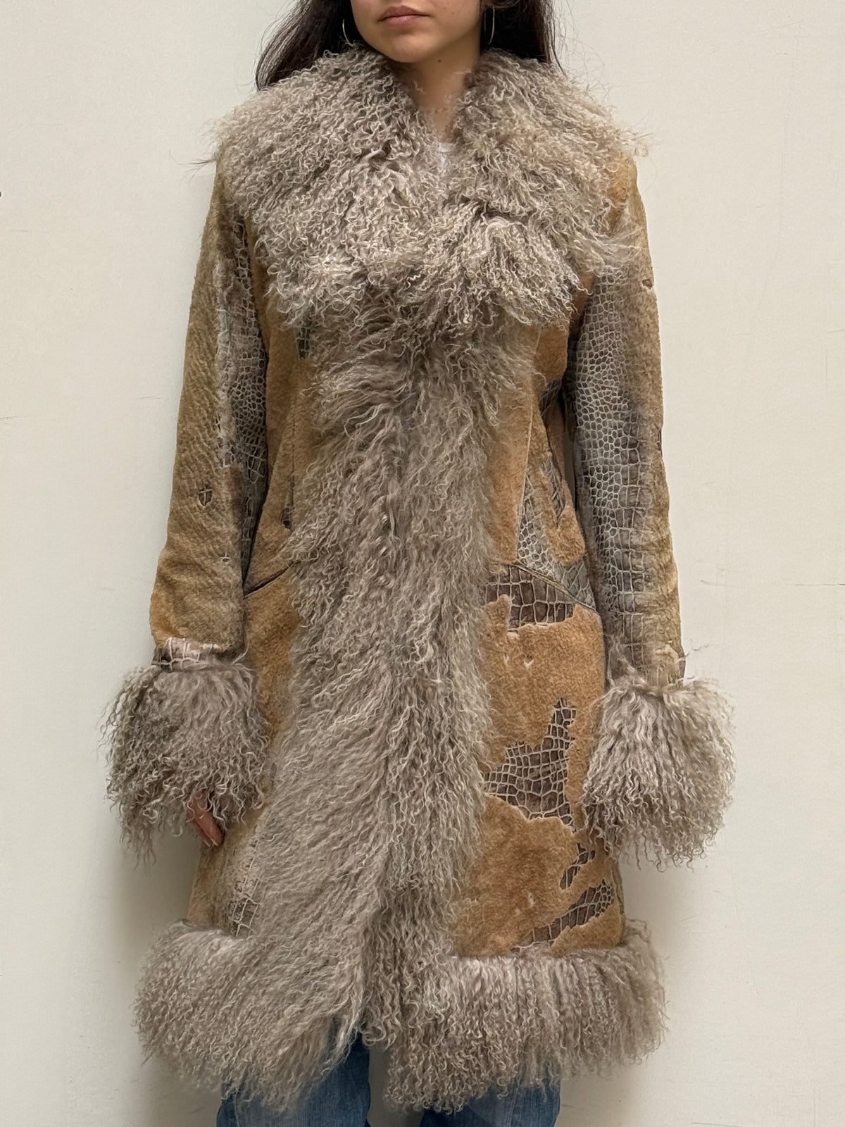 Taupe Long Real Leather & Lamb Trim Afghan Coat S/M