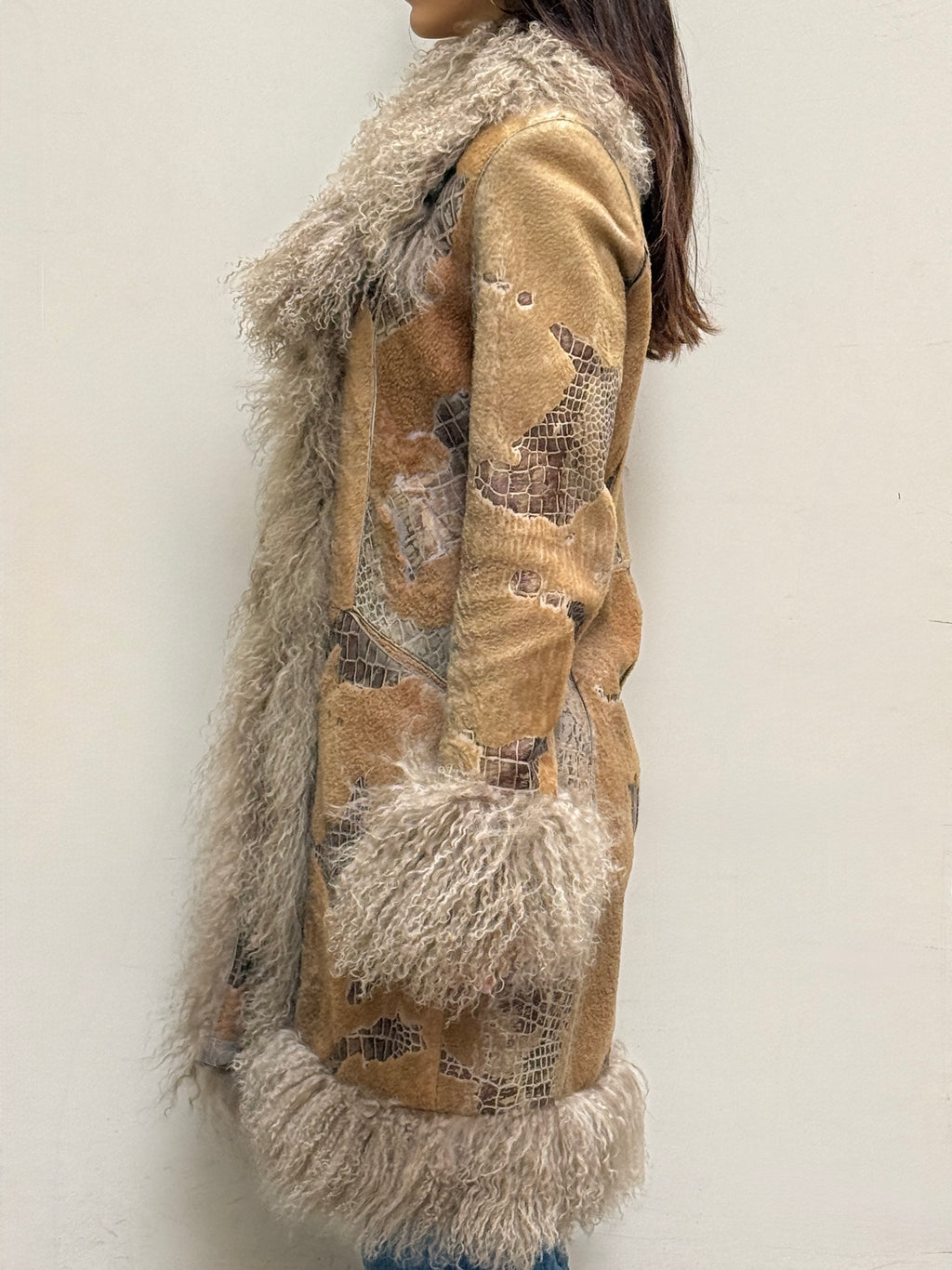 Taupe Long Real Leather & Lamb Trim Afghan Coat S/M