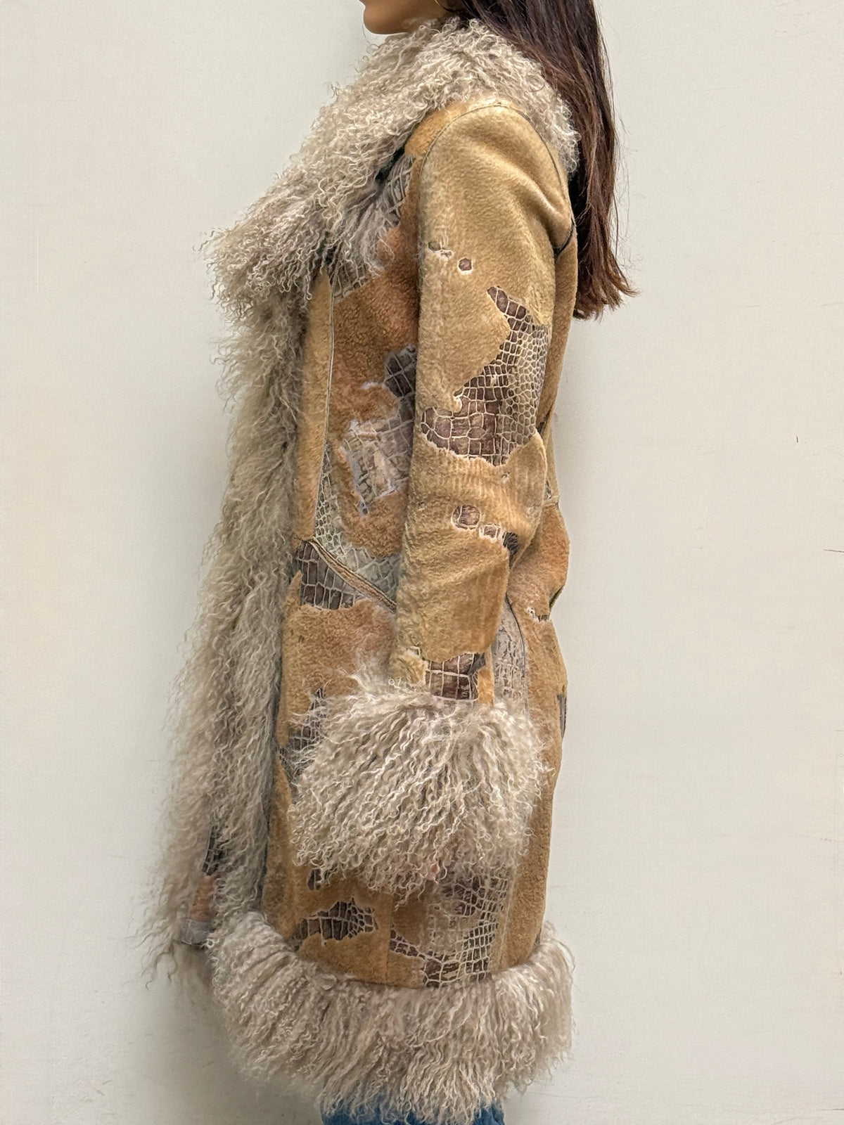 Taupe Long Real Leather & Lamb Trim Afghan Coat S/M