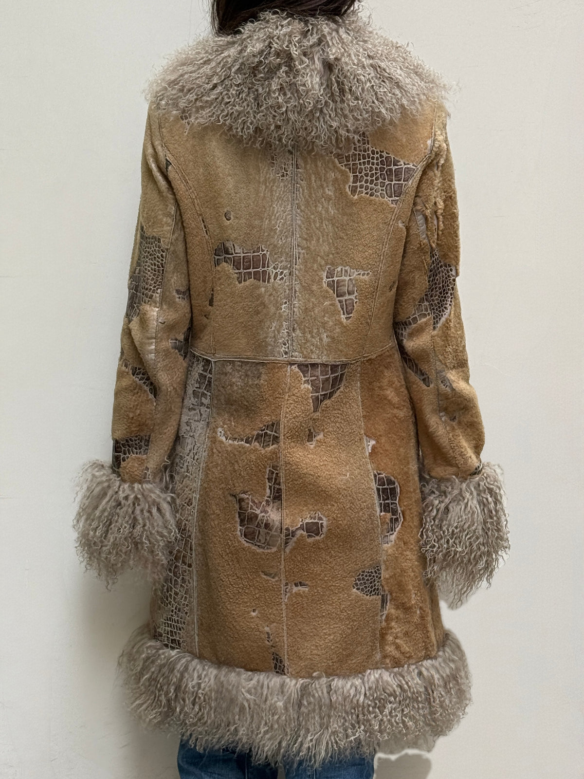 Taupe Long Real Leather & Lamb Trim Afghan Coat S/M