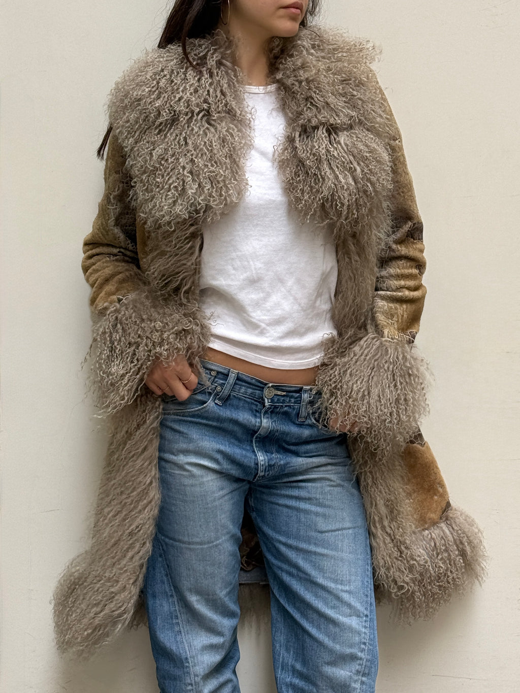 Taupe Long Real Leather & Lamb Trim Afghan Coat S/M