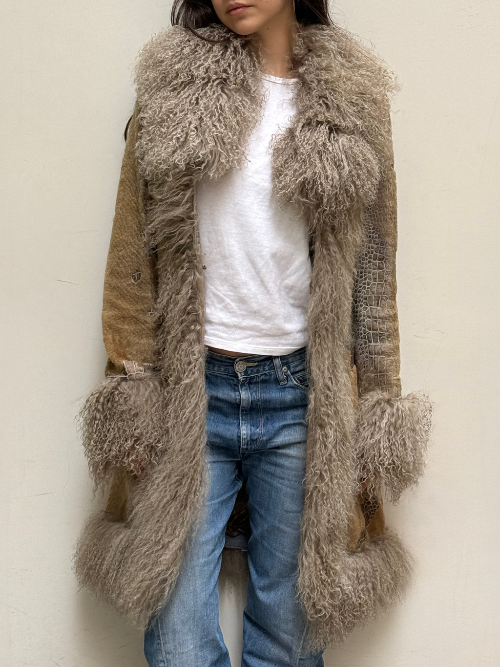 Taupe Long Real Leather & Lamb Trim Afghan Coat S/M