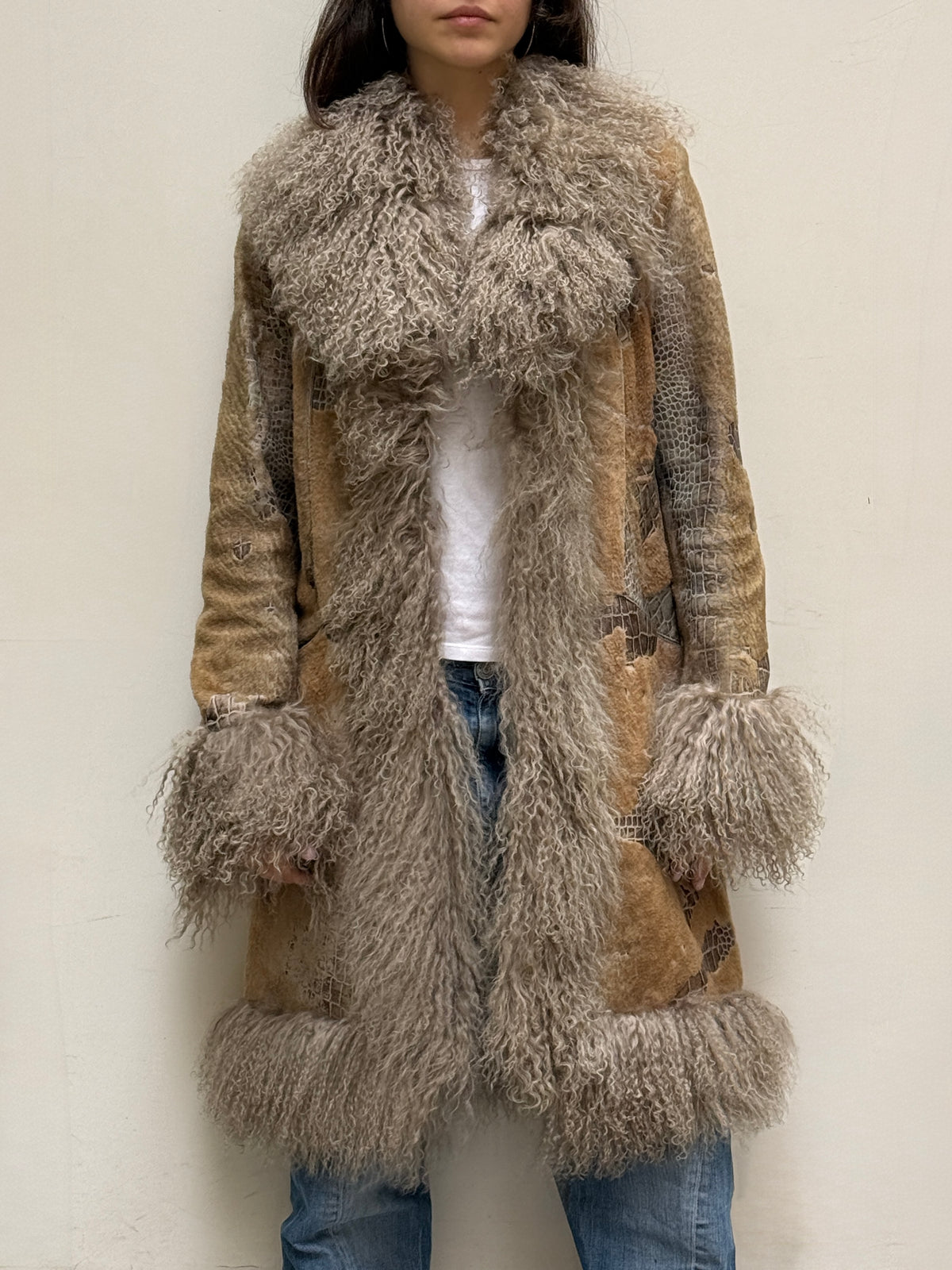 Taupe Long Real Leather & Lamb Trim Afghan Coat S/M