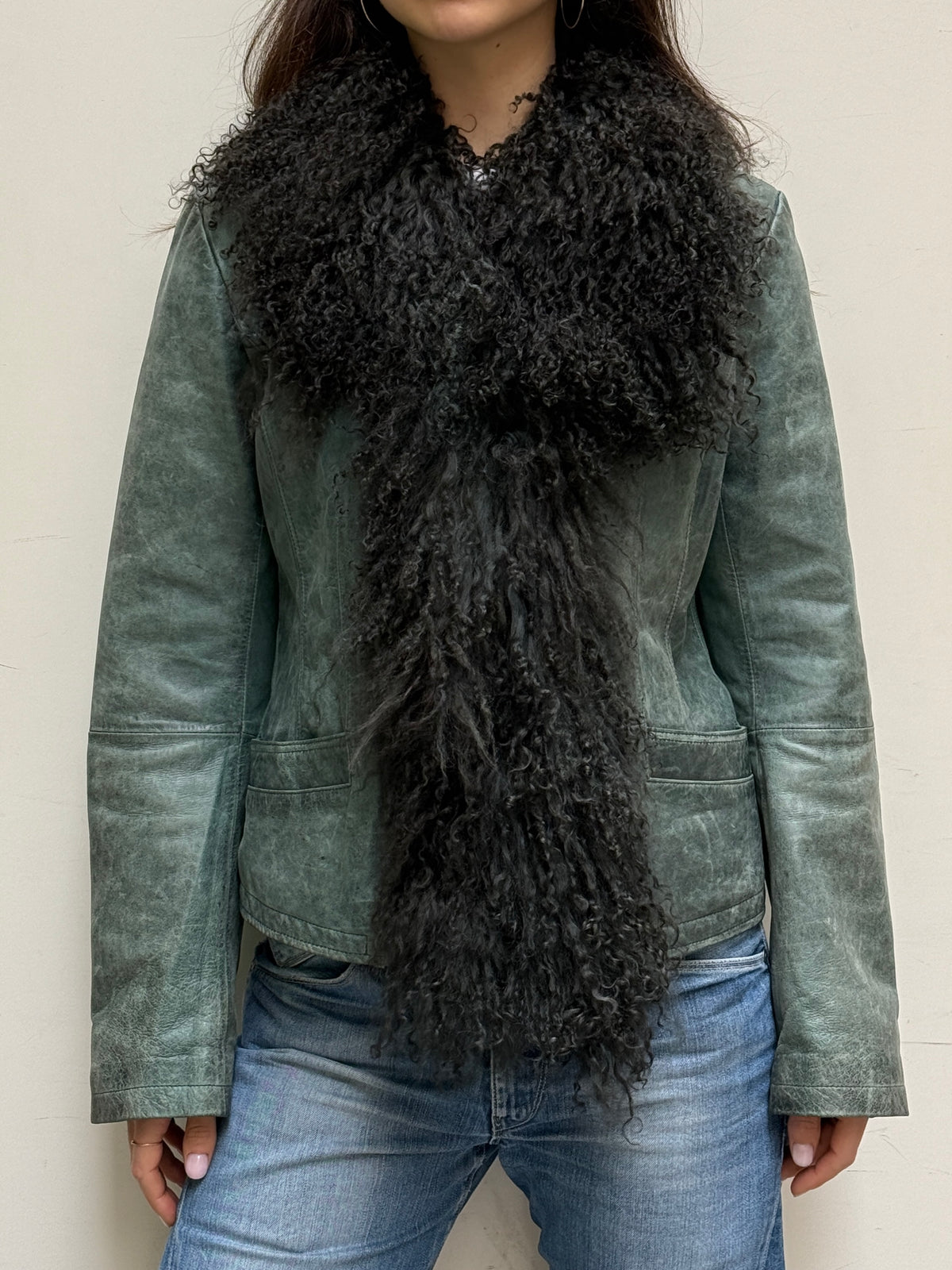 Teal Real Leather & Lamb Shearling Afghan Coat S