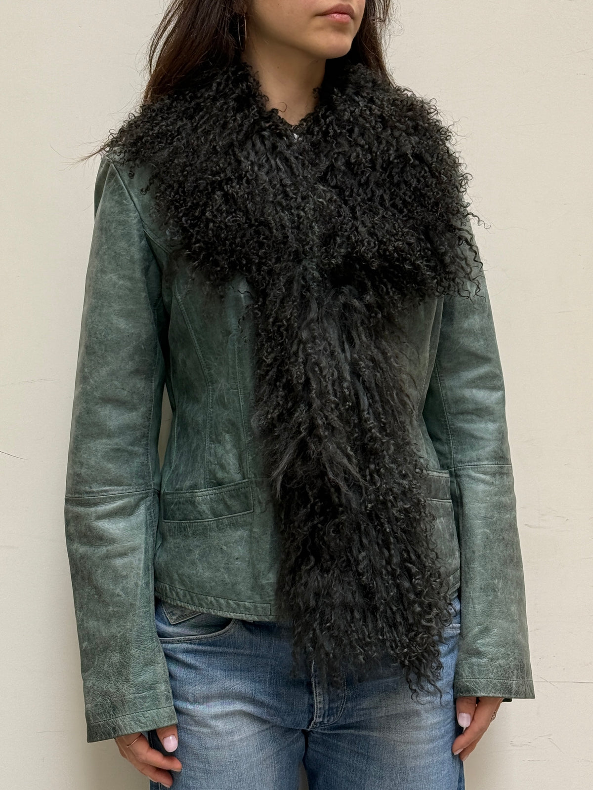 Teal Real Leather & Lamb Shearling Afghan Coat S