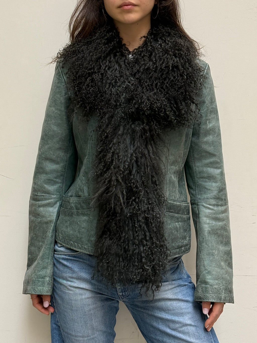 Teal Real Leather & Lamb Shearling Afghan Coat S