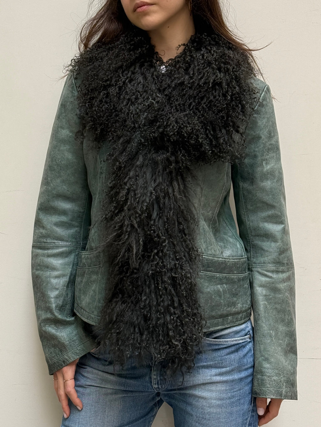 Teal Real Leather & Lamb Shearling Afghan Coat S