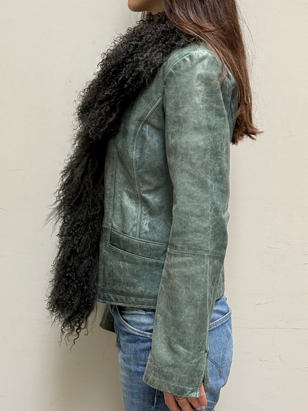 Teal Real Leather & Lamb Shearling Afghan Coat S