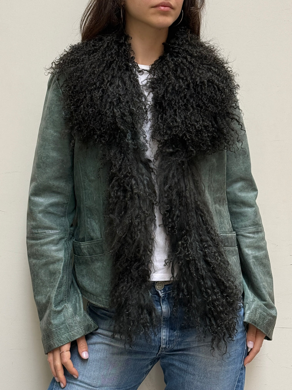 Teal Real Leather & Lamb Shearling Afghan Coat S