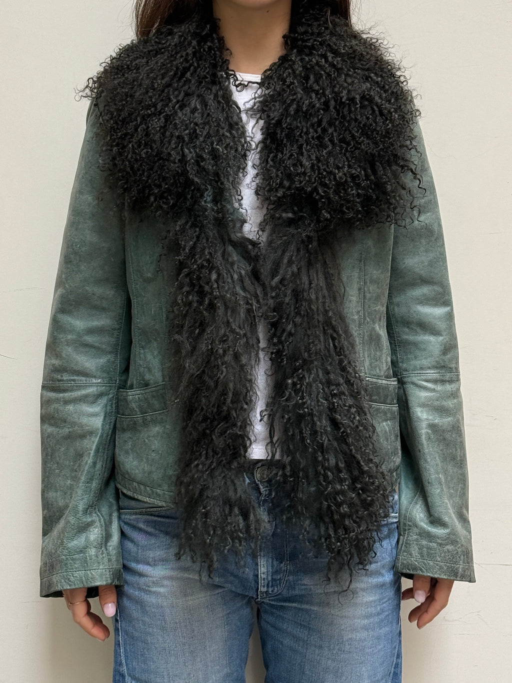 Teal Real Leather & Lamb Shearling Afghan Coat S
