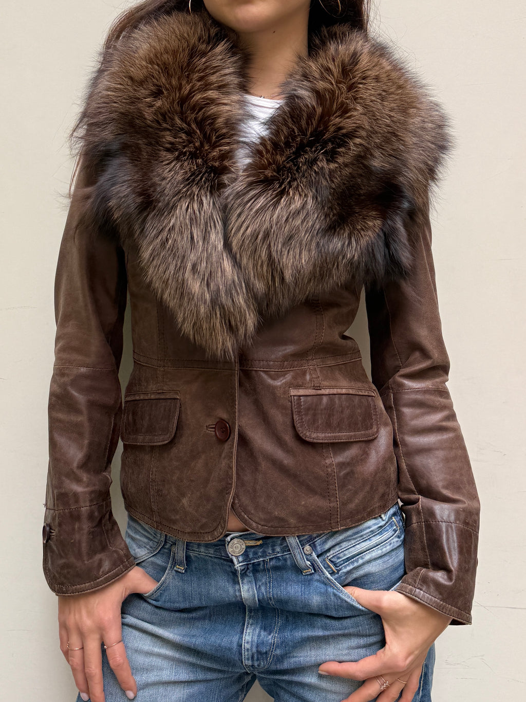 Vintage Brown Leather & Fur Jacket S