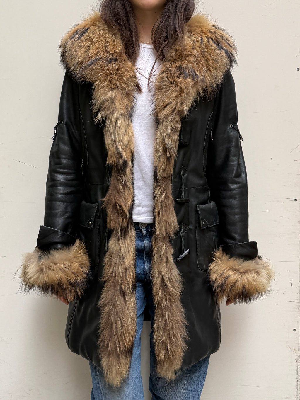 Vintage Leather & Fur Black Hooded Coat M