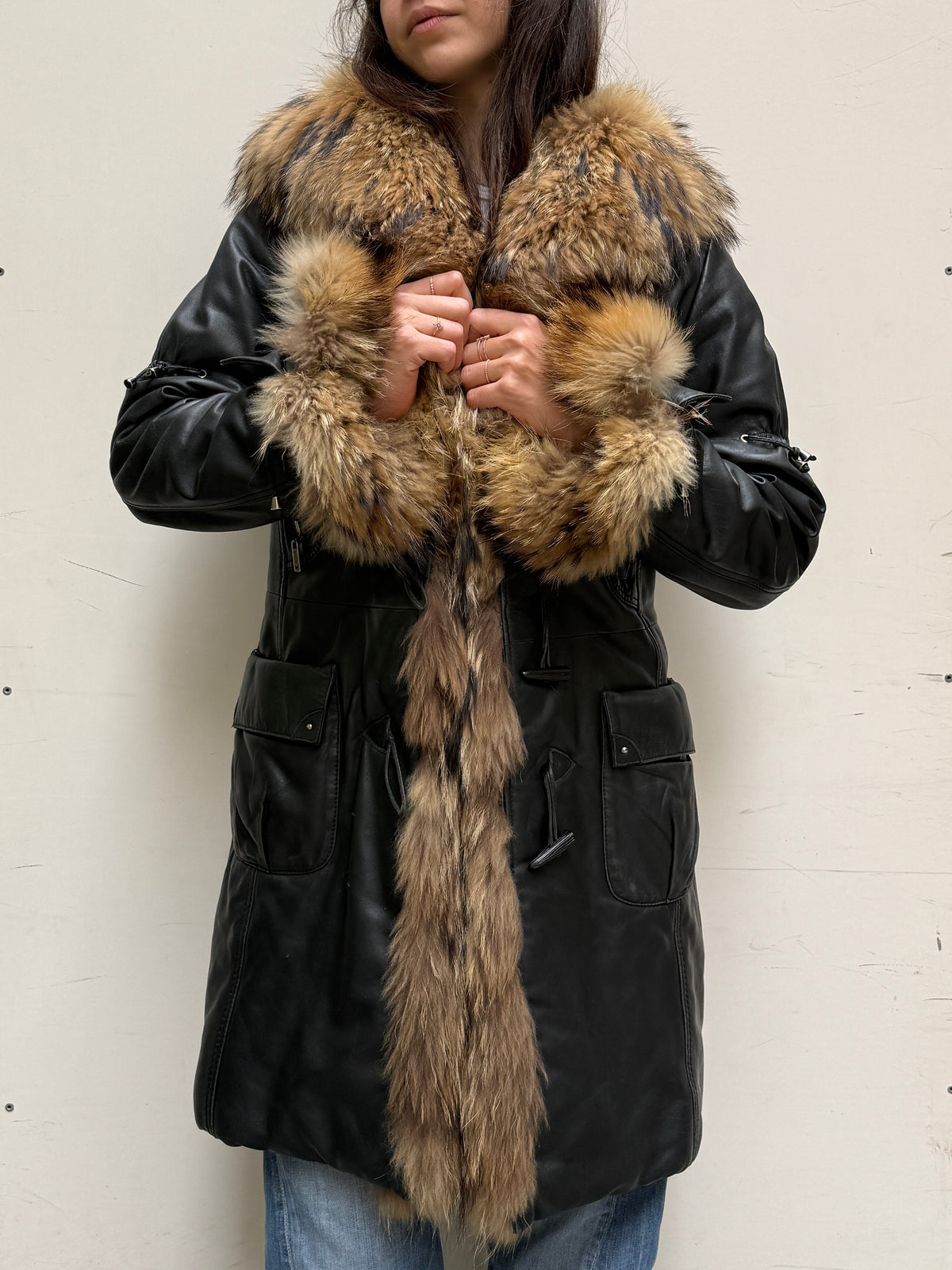 Vintage Leather & Fur Black Hooded Coat M