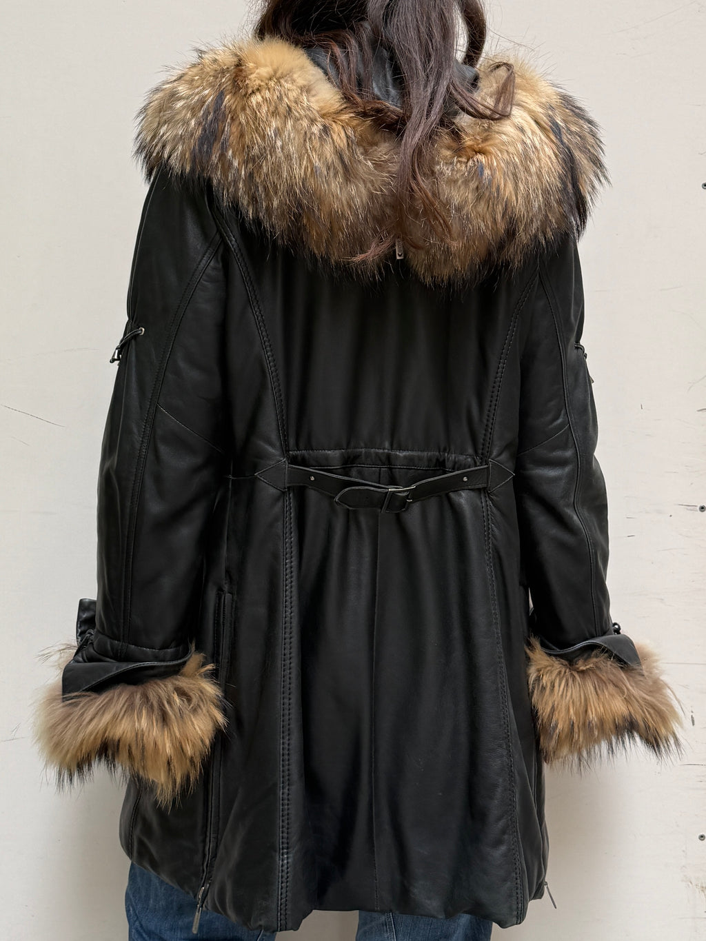 Vintage Leather & Fur Black Hooded Coat M