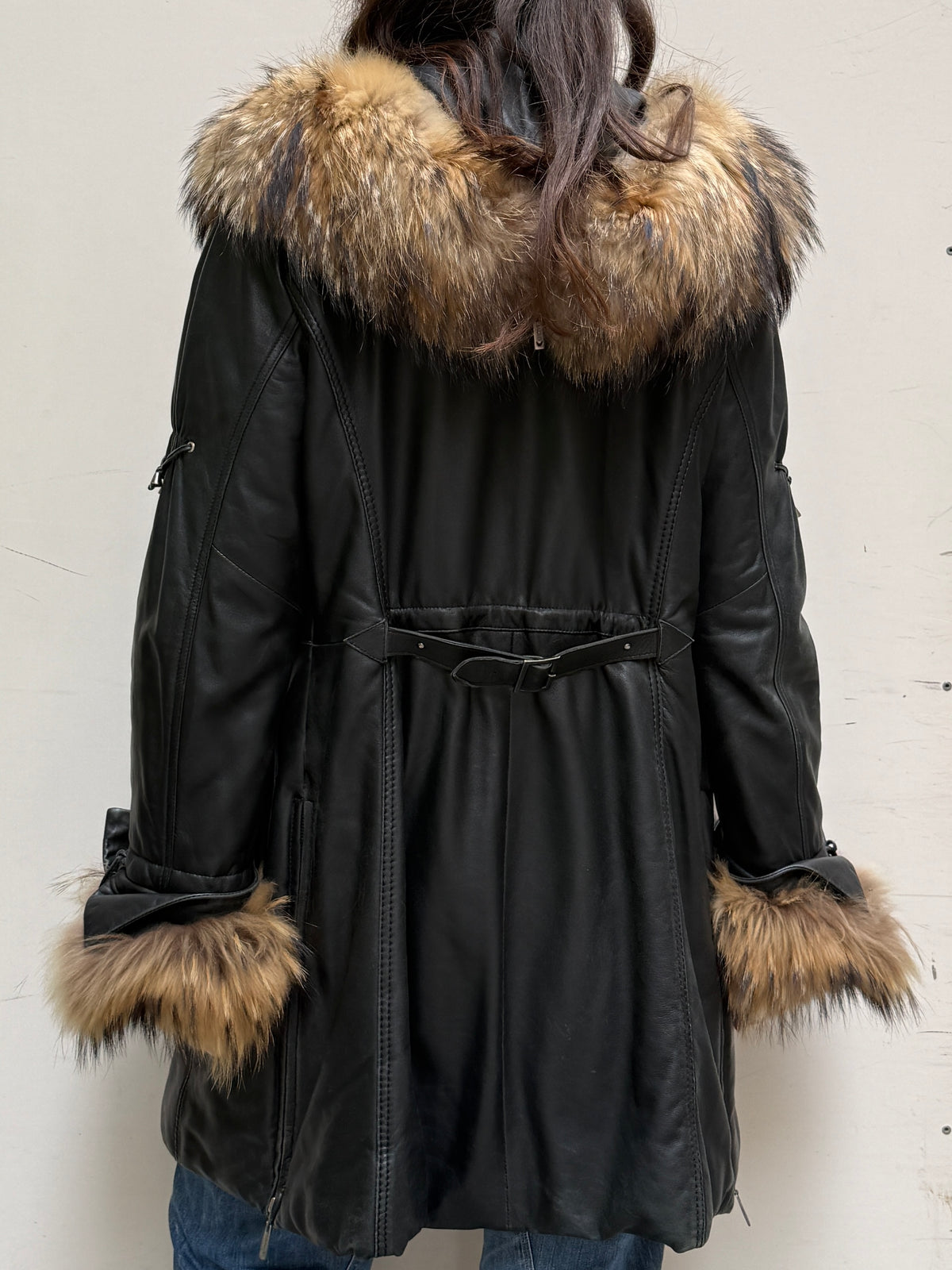 Vintage Leather & Fur Black Hooded Coat M