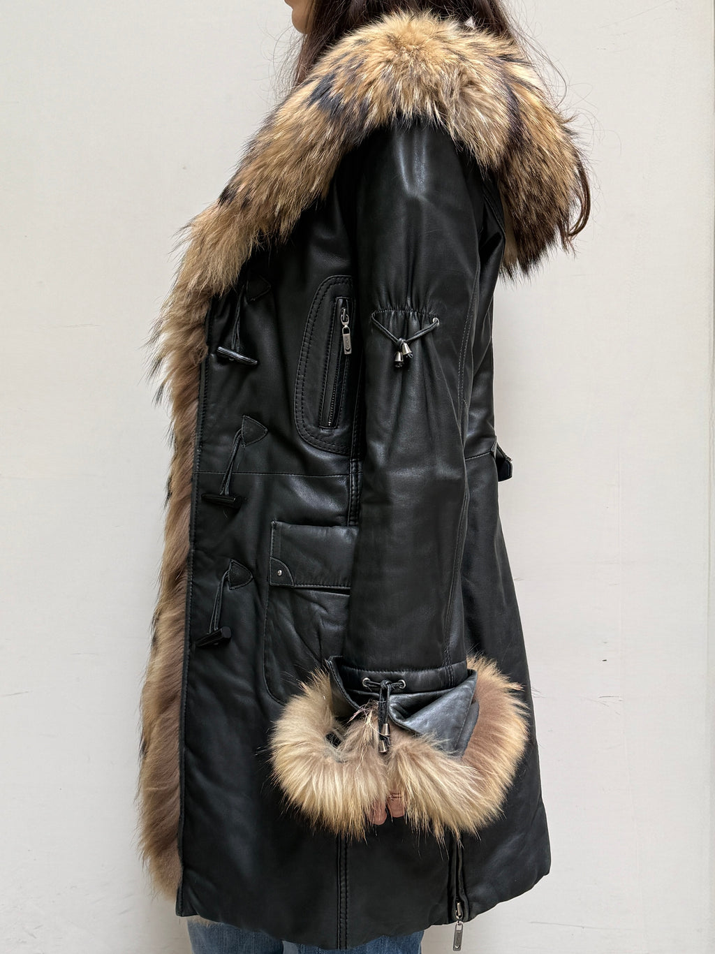Vintage Leather & Fur Black Hooded Coat M
