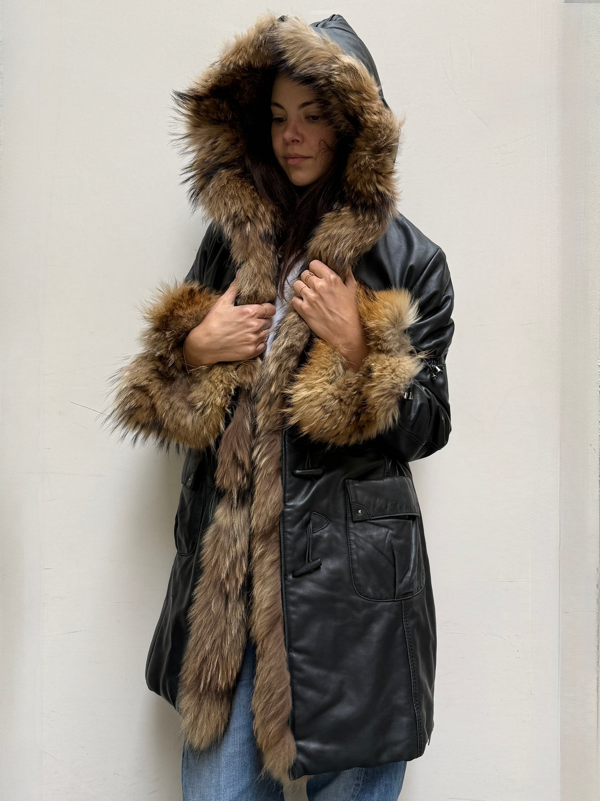 Vintage Leather & Fur Black Hooded Coat M
