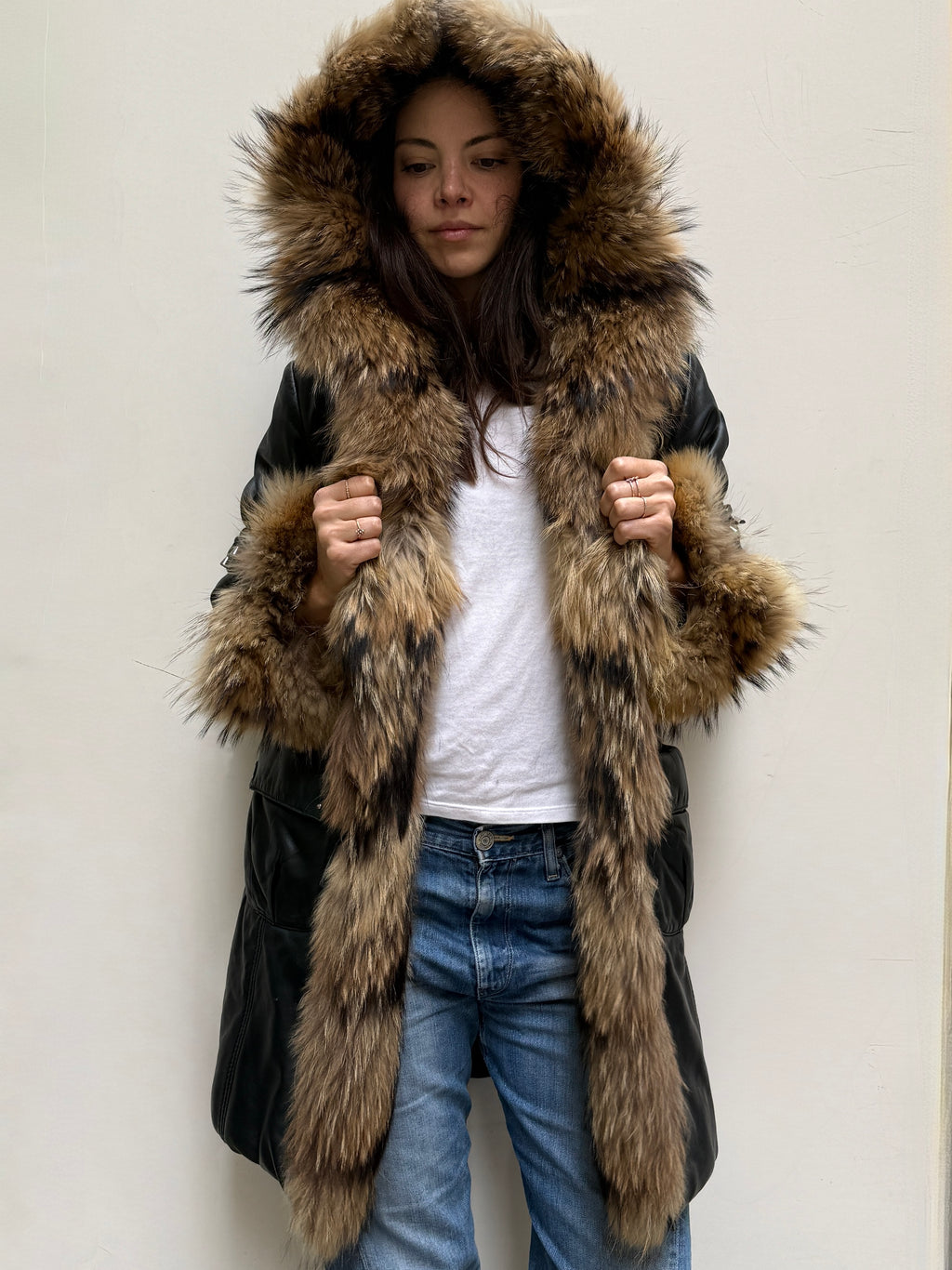 Vintage Leather & Fur Black Hooded Coat M