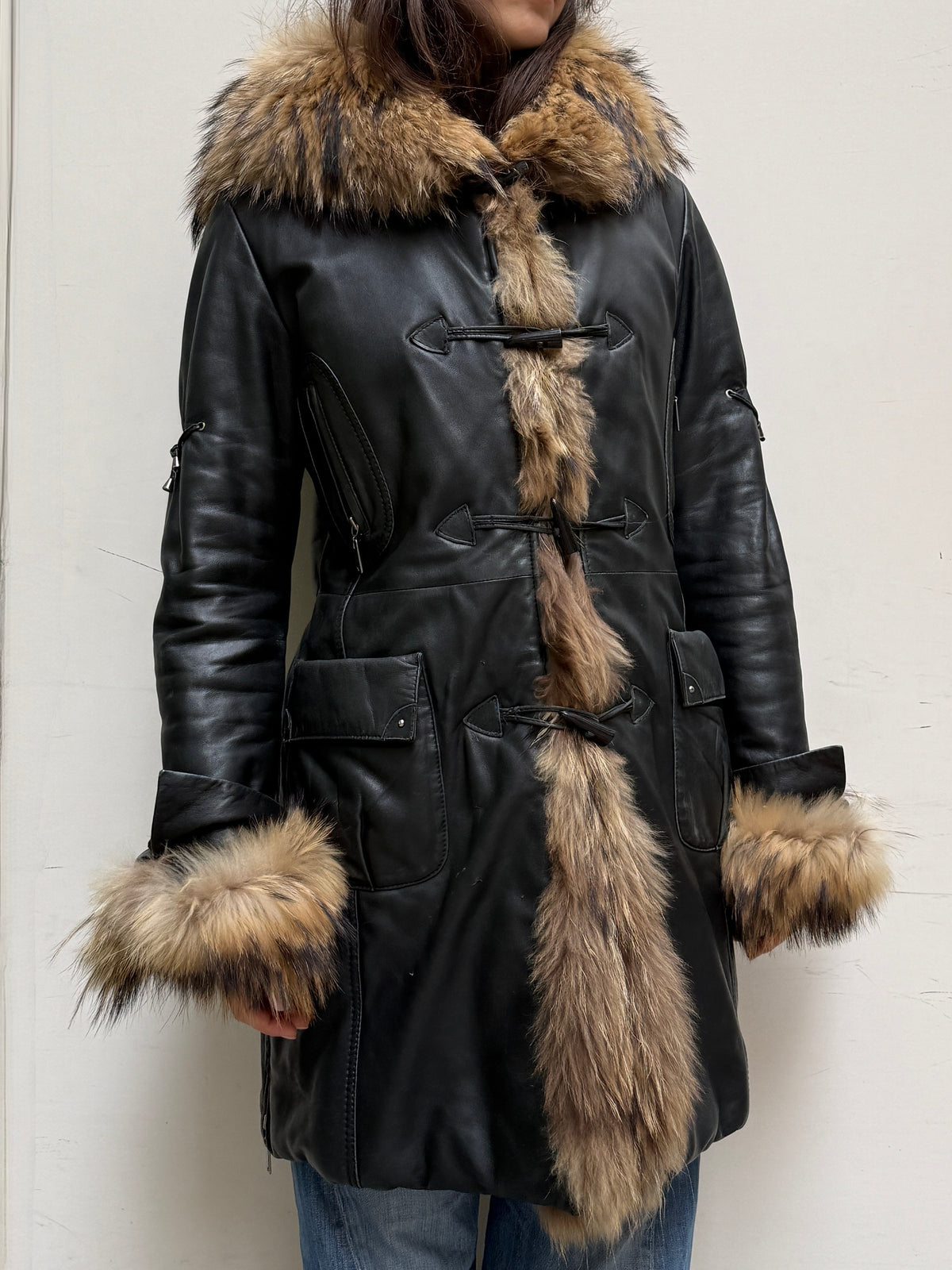Vintage Leather & Fur Black Hooded Coat M