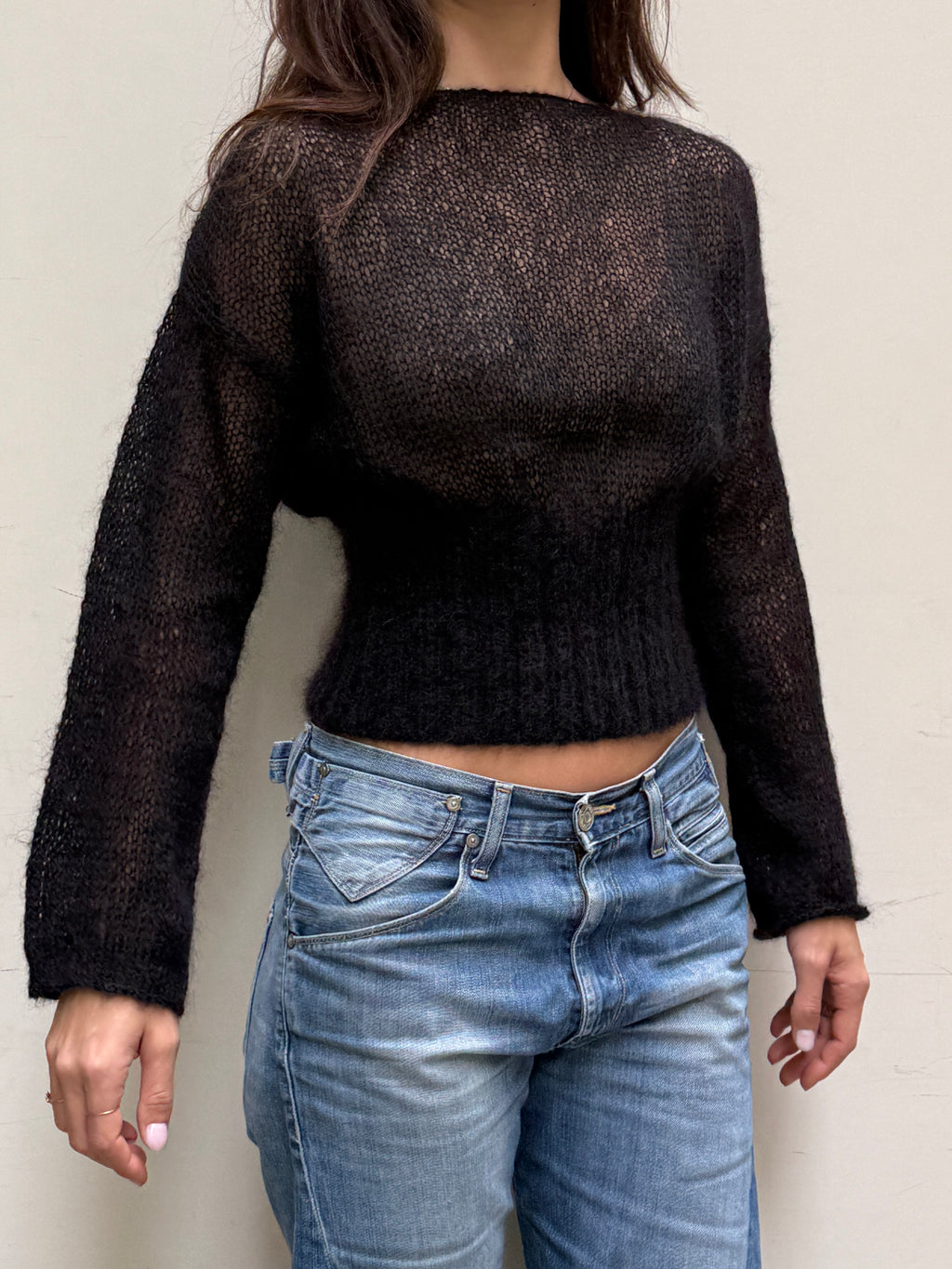 Hand Knit Mohair & Wool Black Sweater S