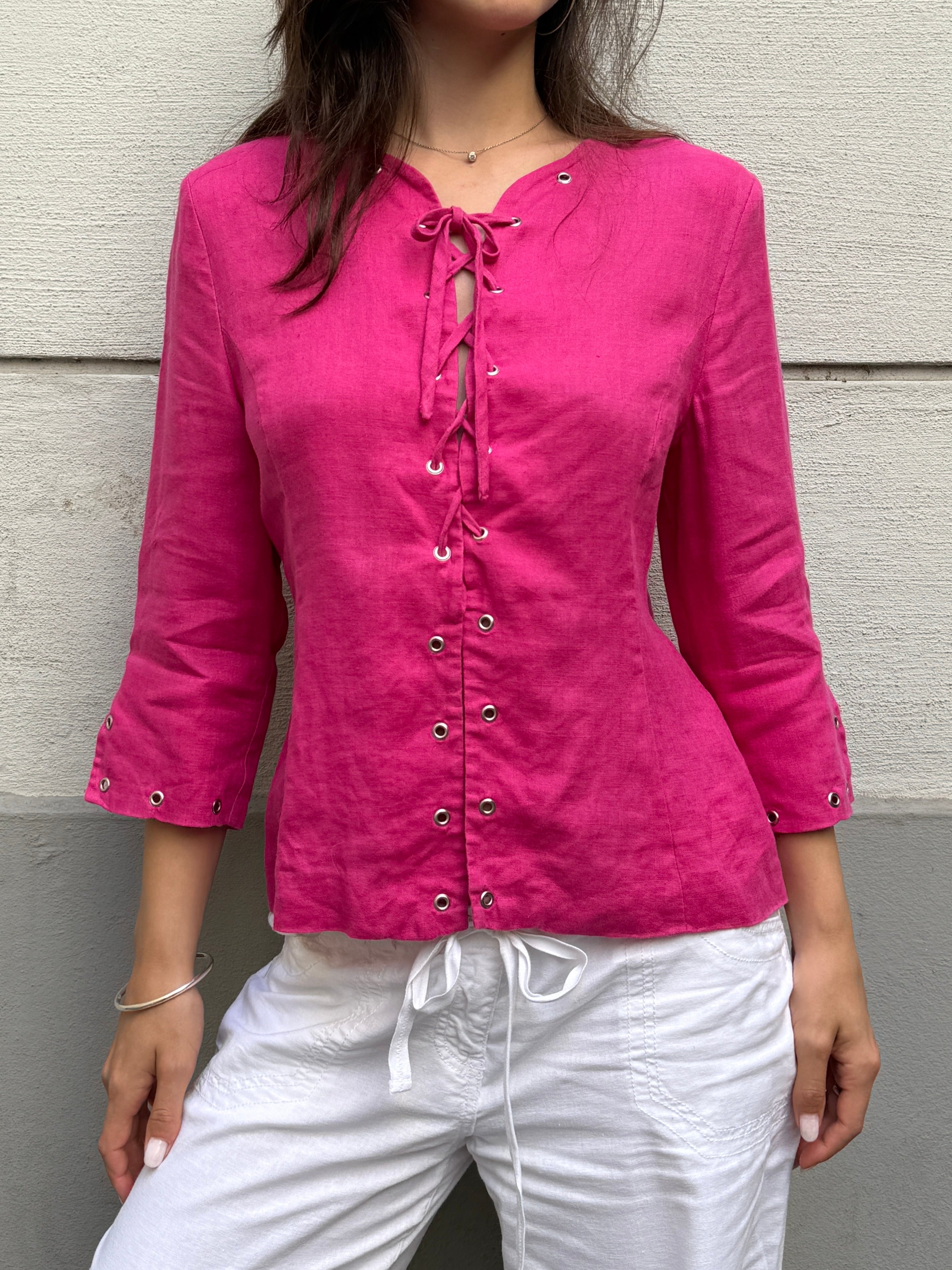 Vintage 100% Linen Hot Pink Studded Jacket M