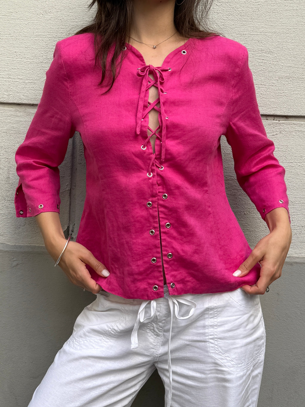 Vintage 100% Linen Hot Pink Studded Jacket M