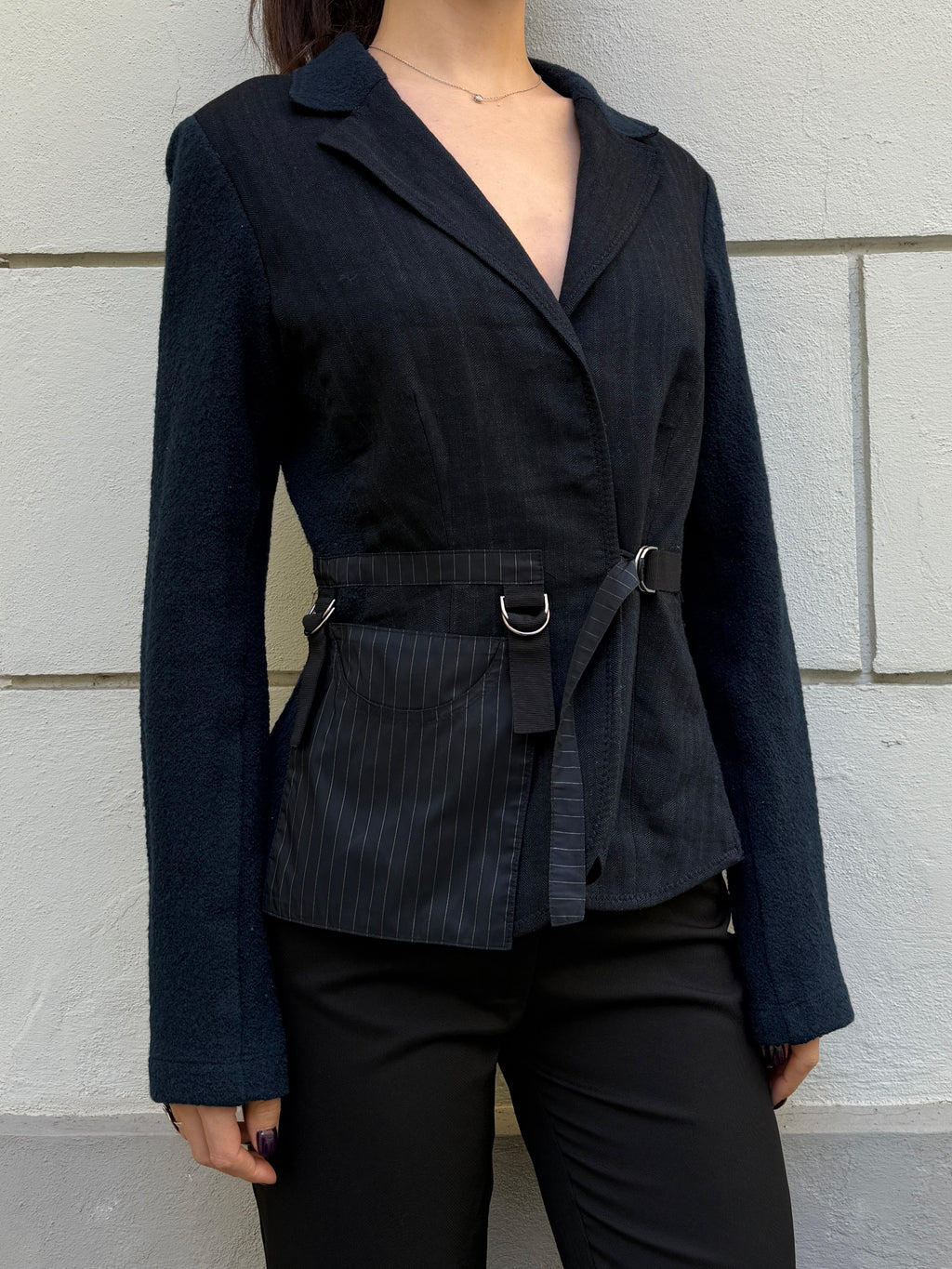Vintage Navy Wool Sleeve Strappy Blazer Jacket M