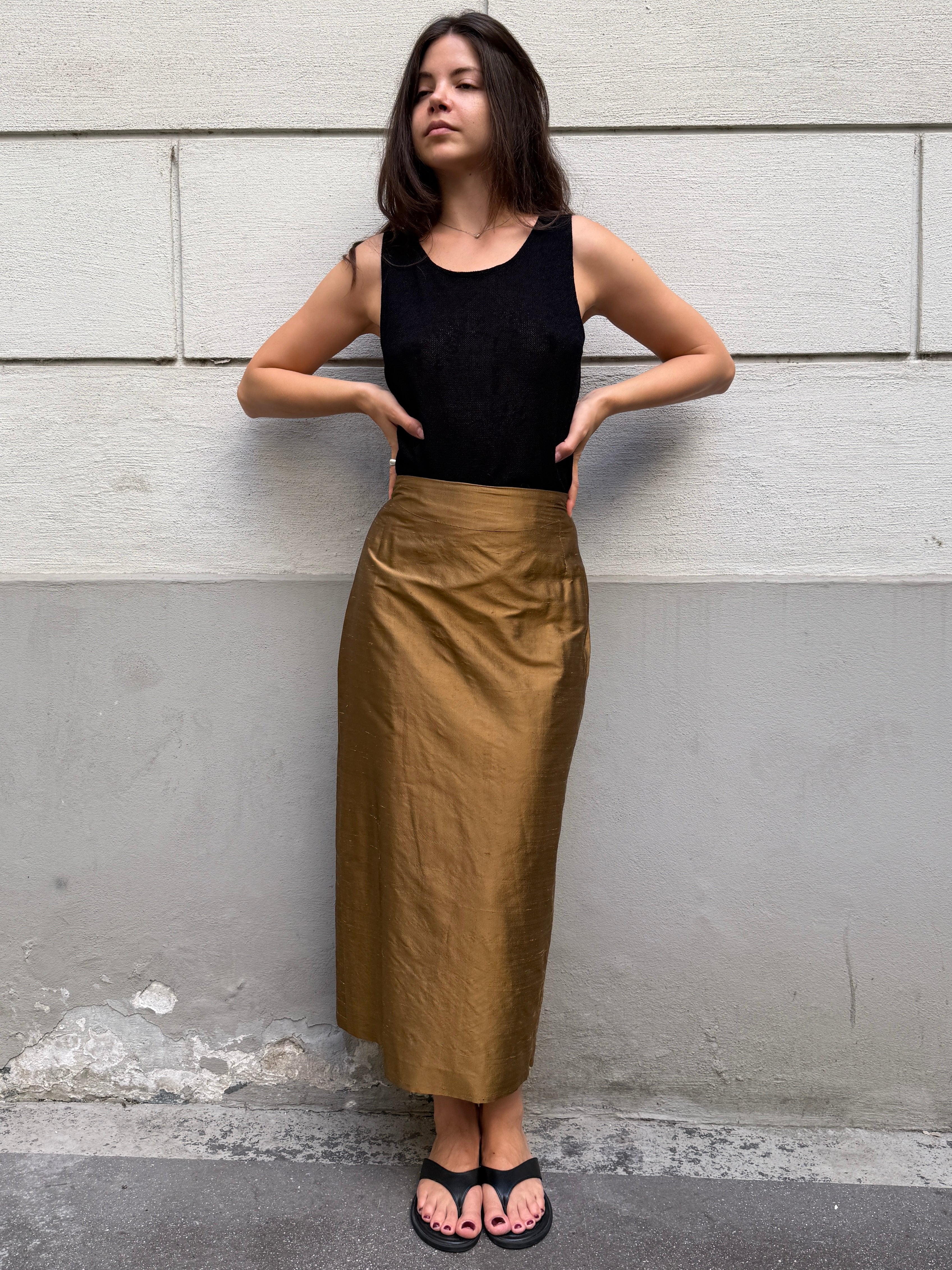 Vintage 100% Silk Brown/Gold Skirt S