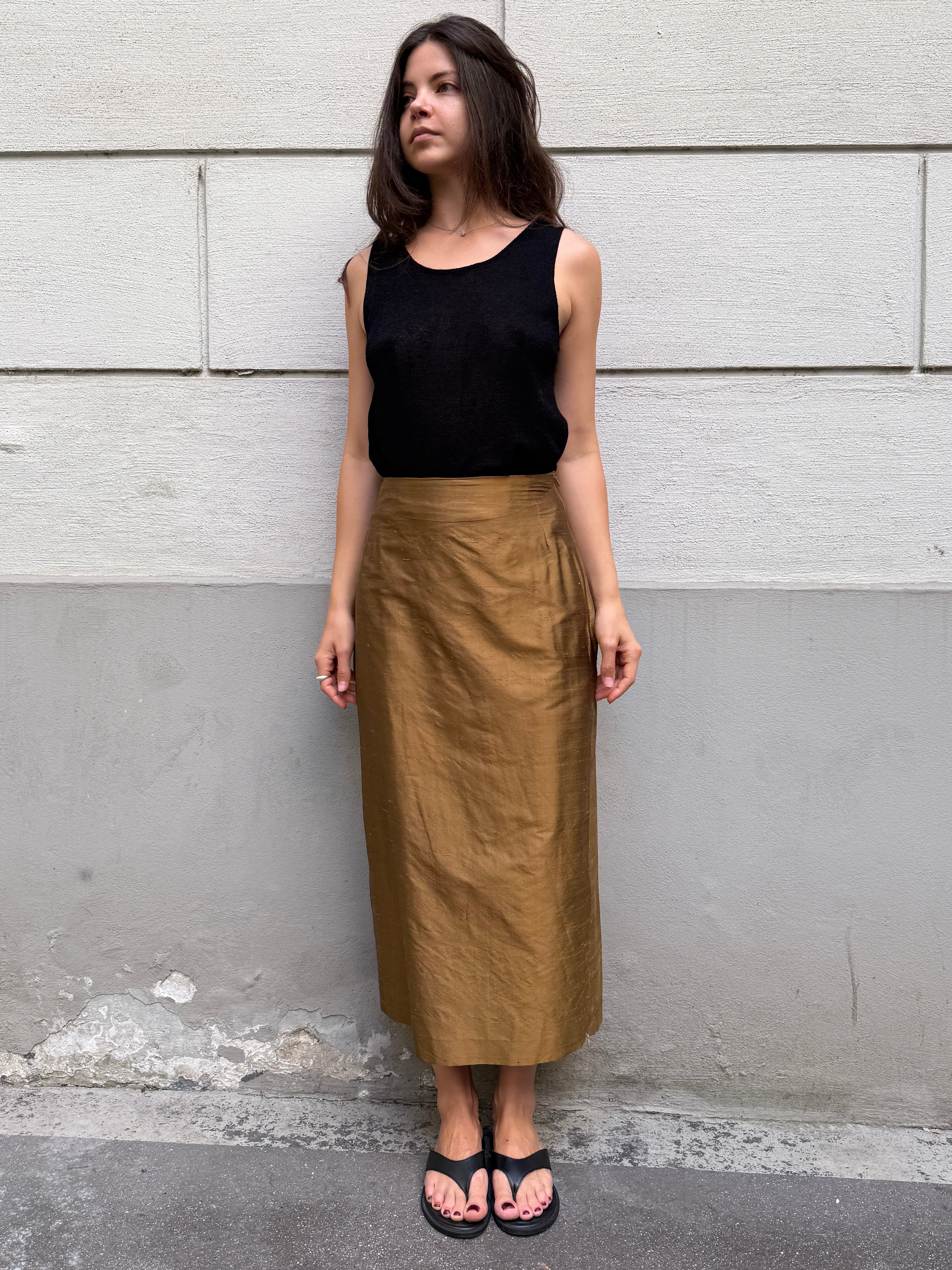 Vintage 100% Silk Brown/Gold Skirt S