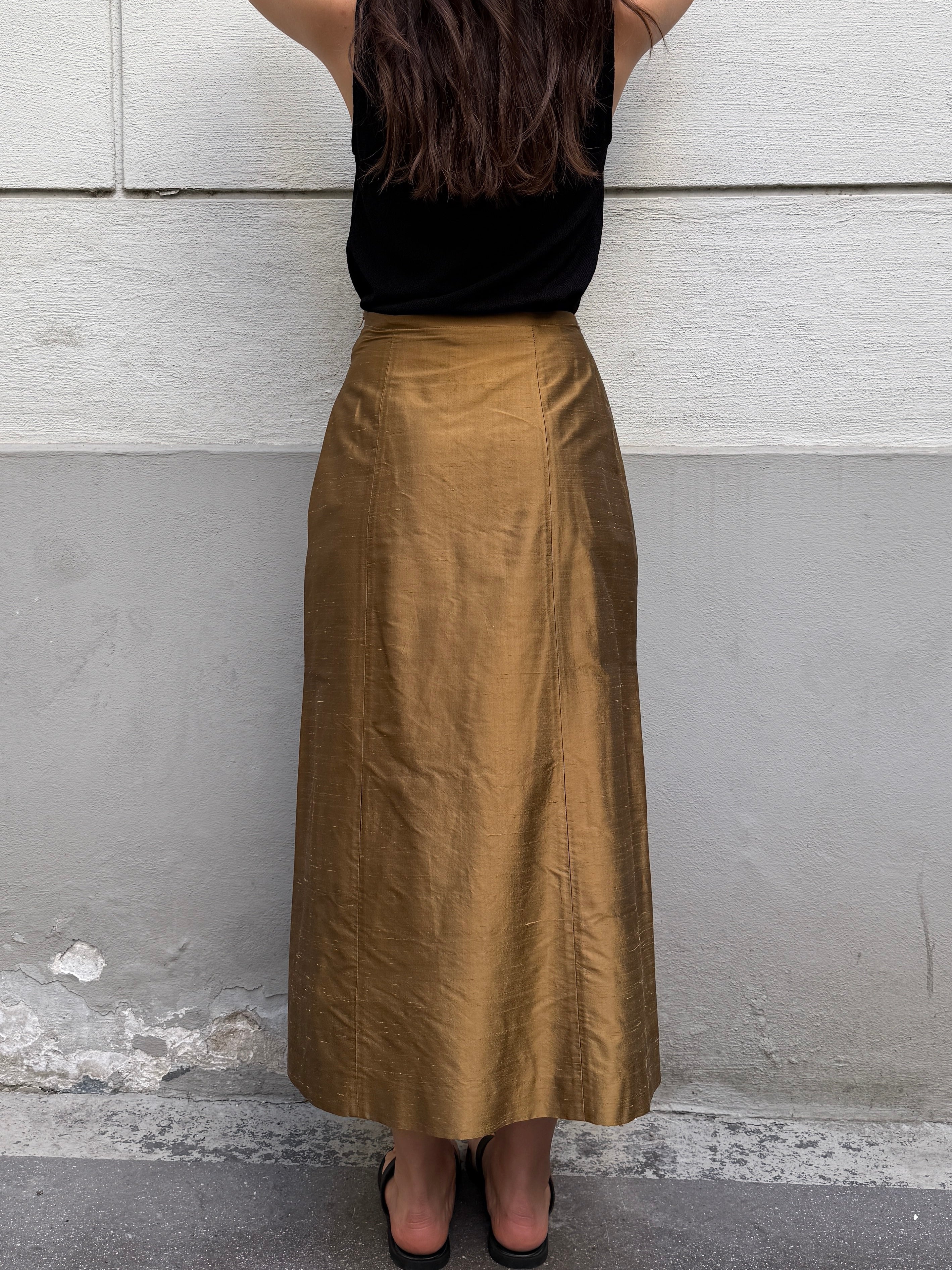 Vintage 100% Silk Brown/Gold Skirt S