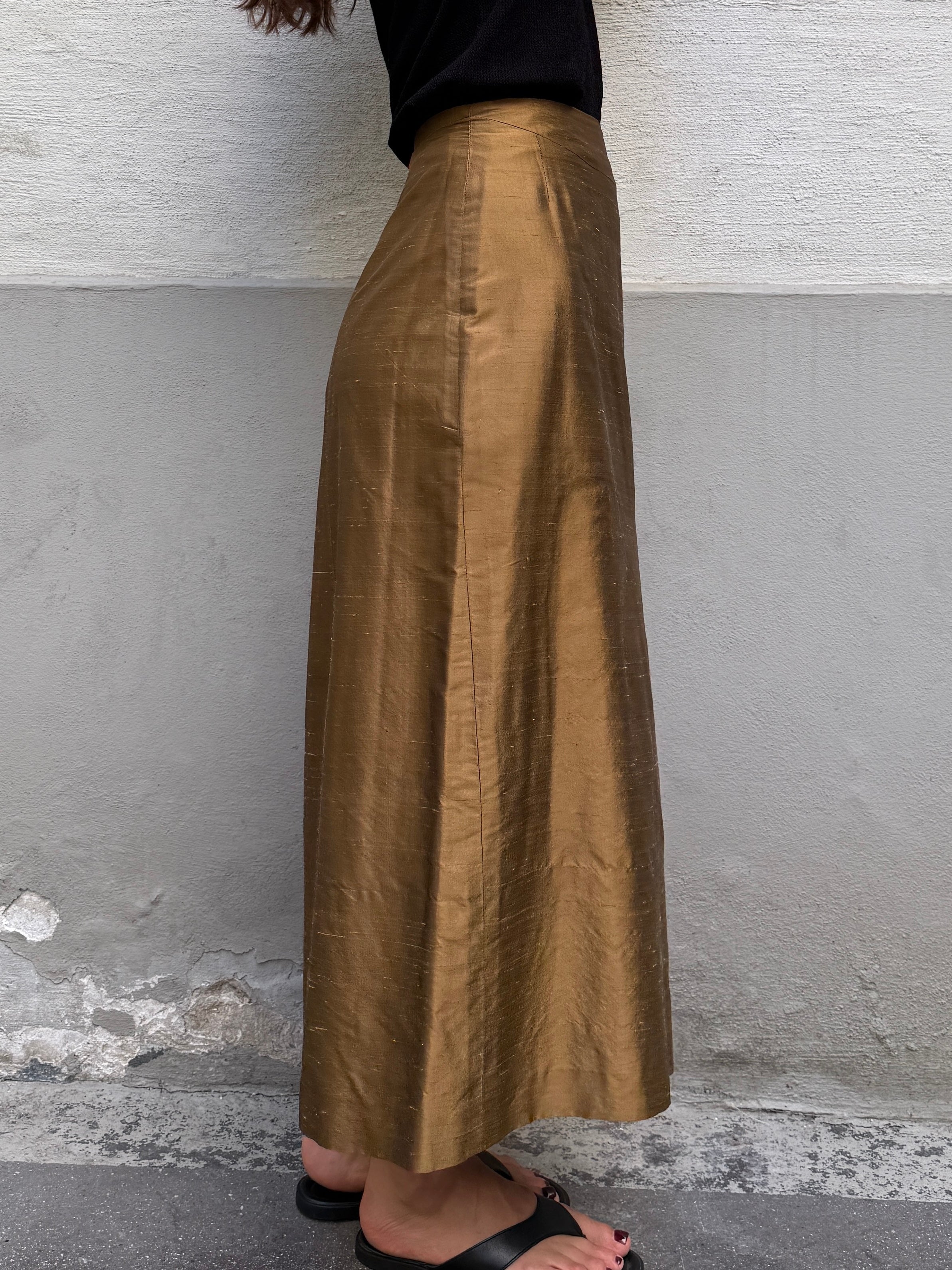 Vintage 100% Silk Brown/Gold Skirt S