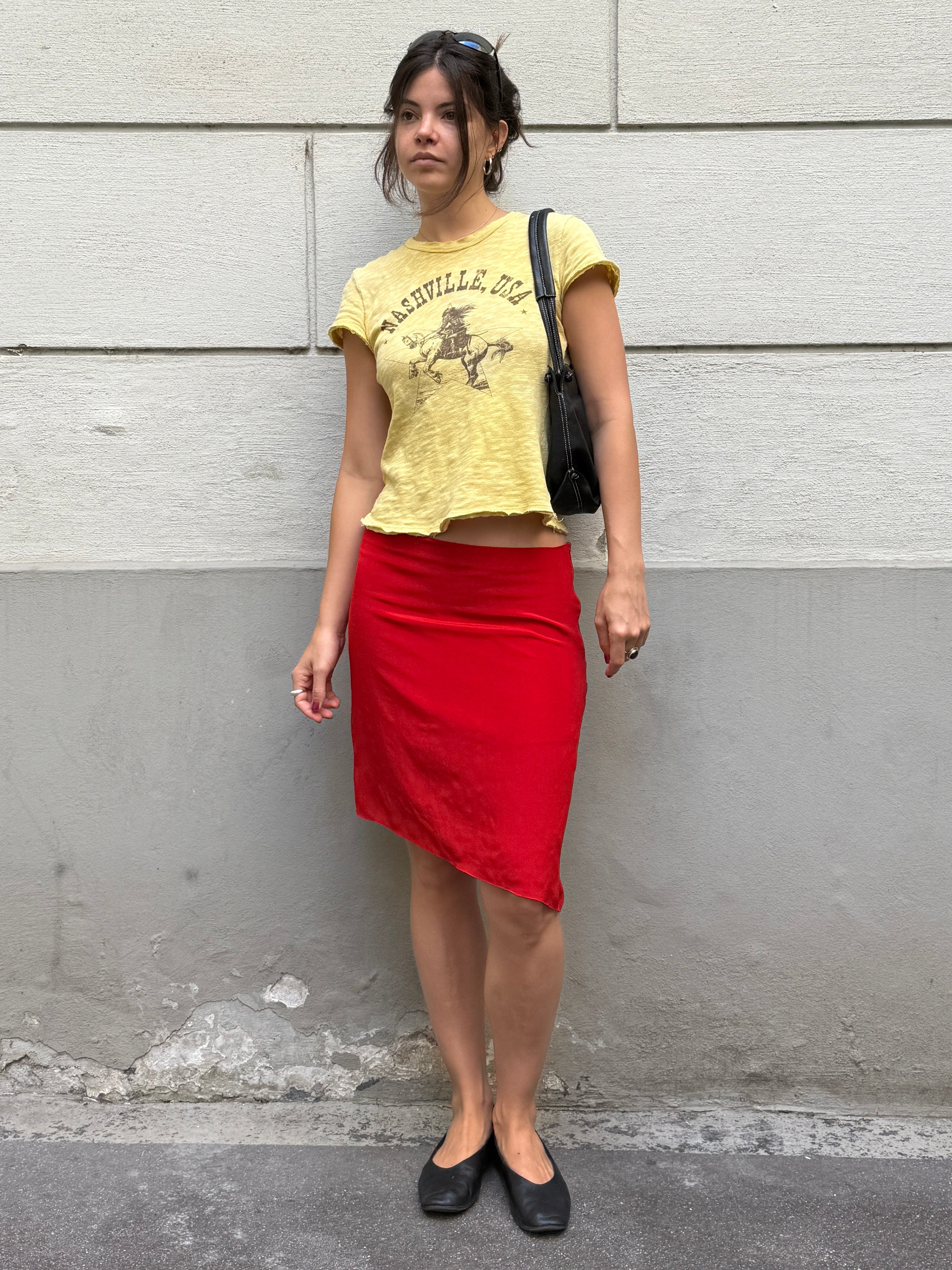 100% Silk Asymmetrical Hem Red Skirt S/M