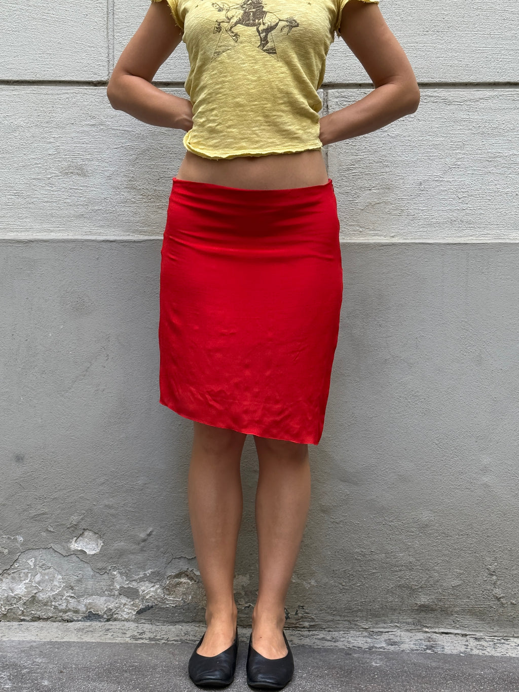 100% Silk Asymmetrical Hem Red Skirt S/M
