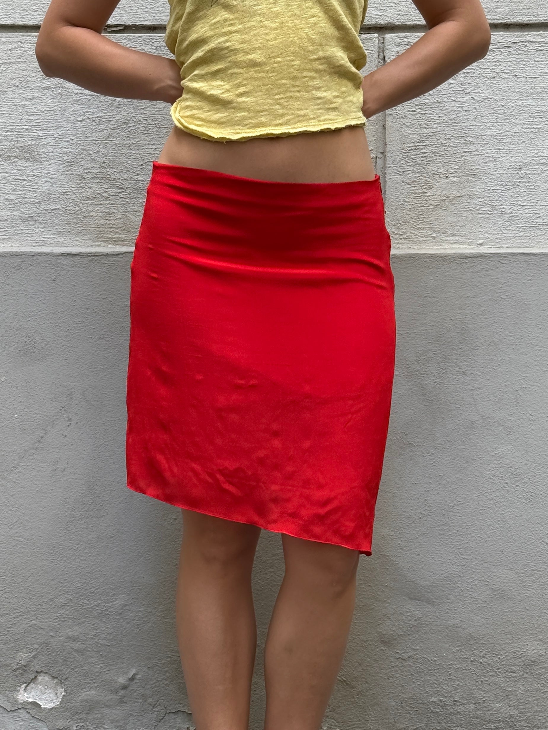 100% Silk Asymmetrical Hem Red Skirt S/M