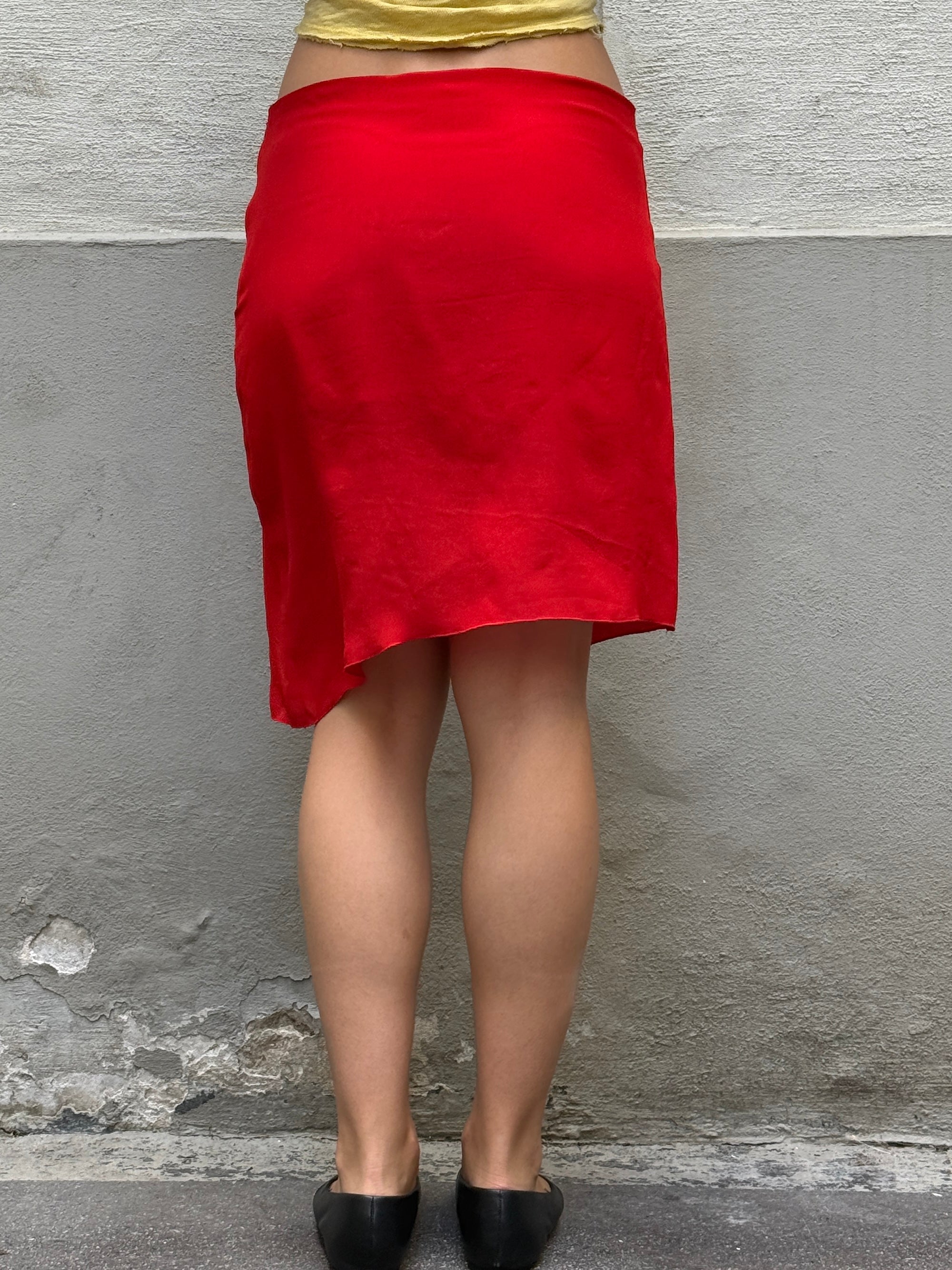100% Silk Asymmetrical Hem Red Skirt S/M