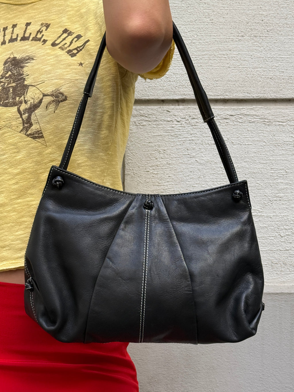 Vintage 100% Genuine Leather Black & White Contrast Stitching Bag