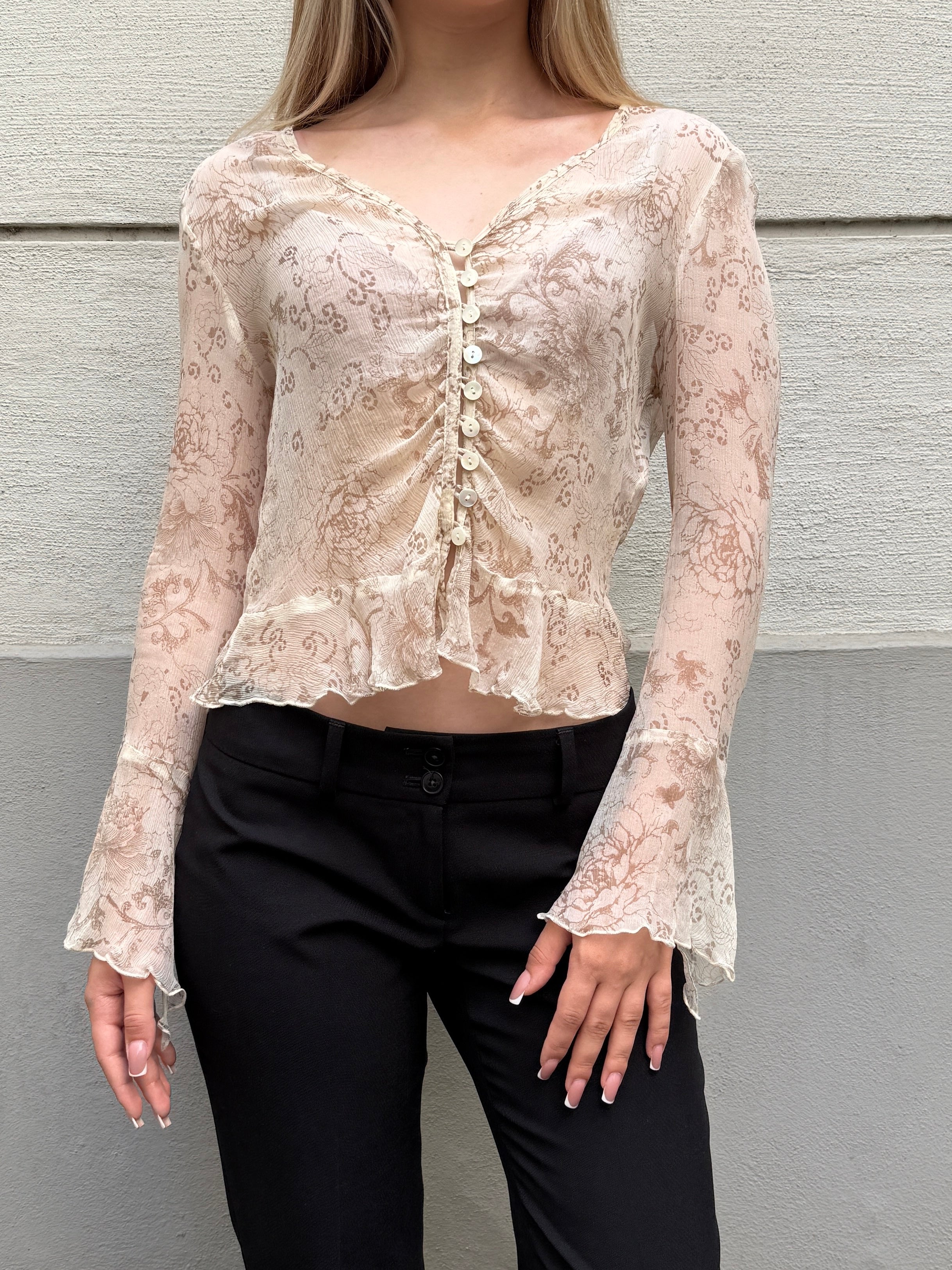 100% Silk Cream Button Down Blouse XS
