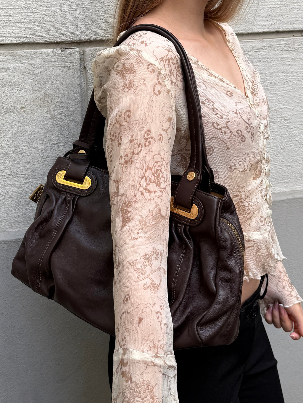 Y2K 100% Genuine Leather Brown & Gold Hardware Bag