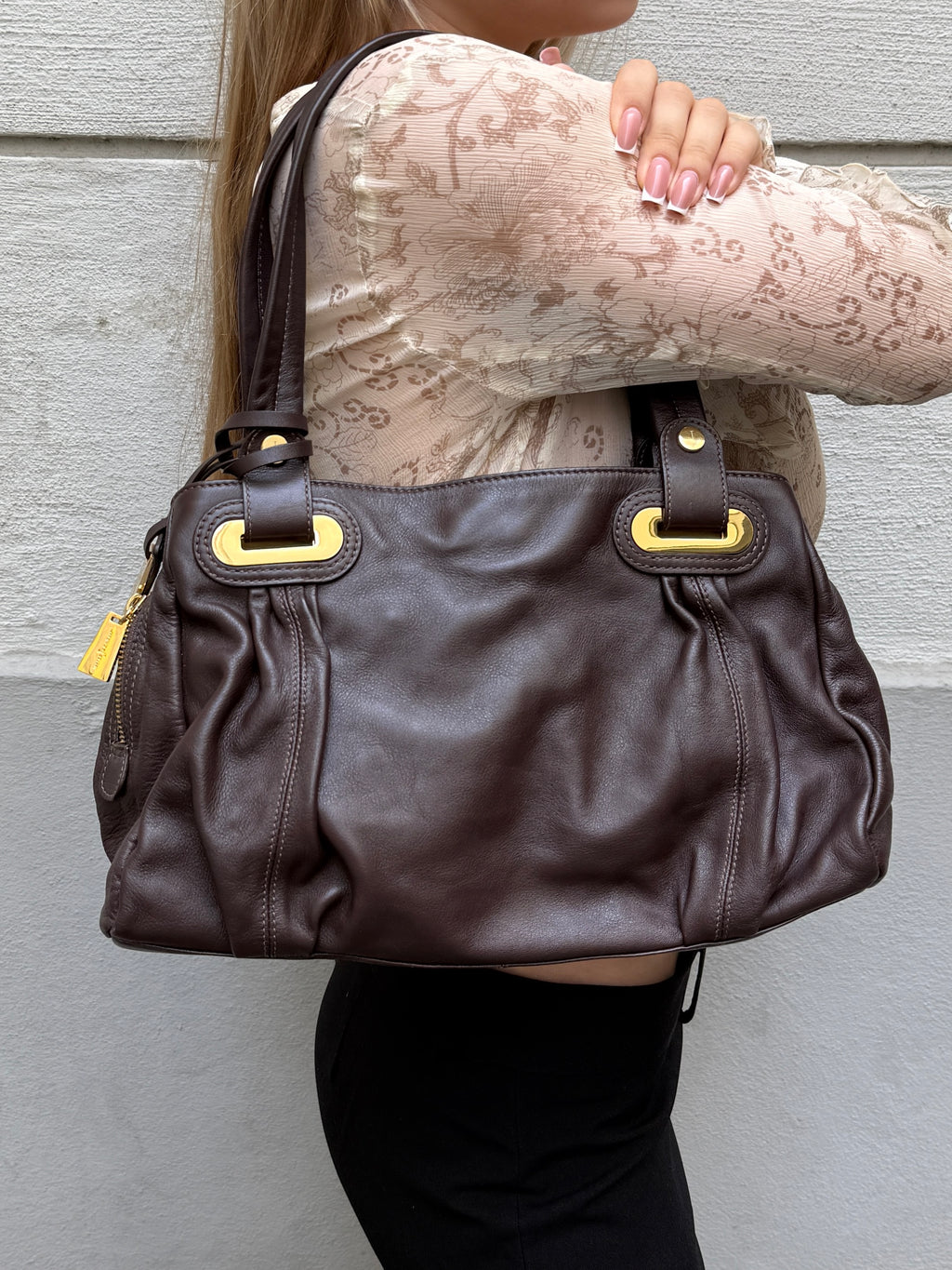 Y2K 100% Genuine Leather Brown & Gold Hardware Bag